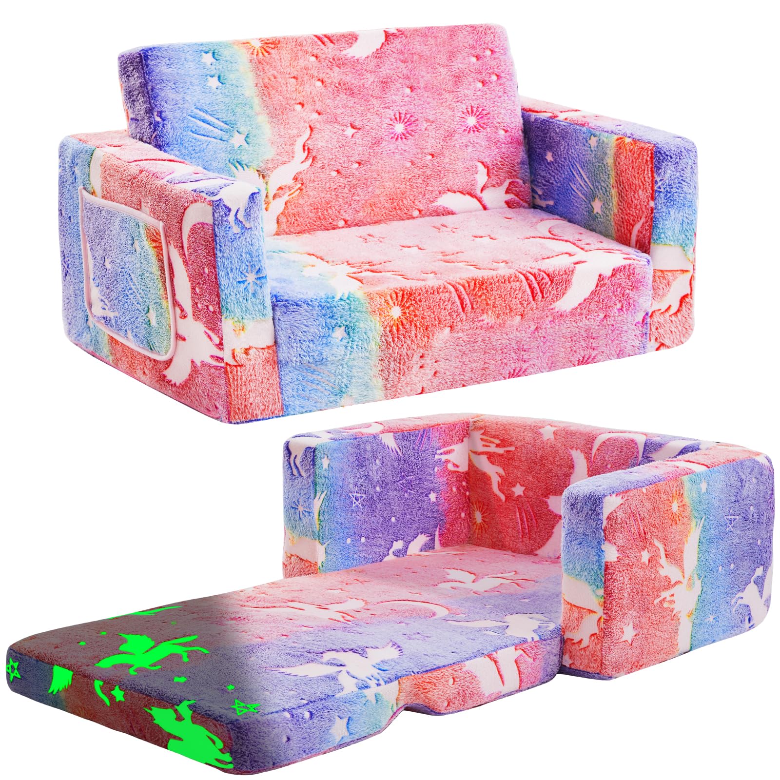 inhand Toddler Chair Comfy,2-in-1 Soft Toddler Couch Fold Out for Kids,Convertible Sofa to Lounger,Gift for Girls and Boys Birthday,Elf,Large