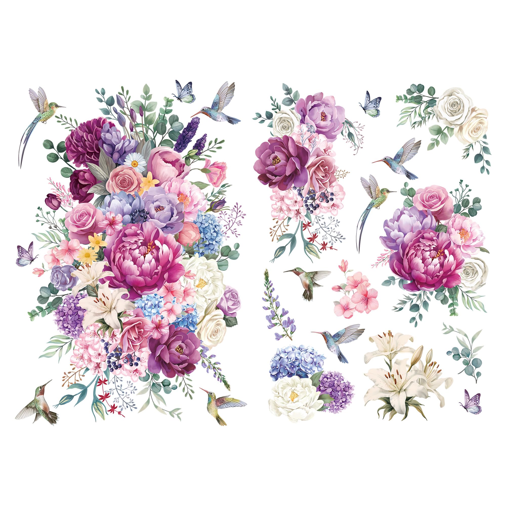 Stickers Meubles Transferts à Frotter Bouquets Boho 2 Grandes Feuilles 43x30cm - Décoration DIY Sur Bois, Verre, Métal