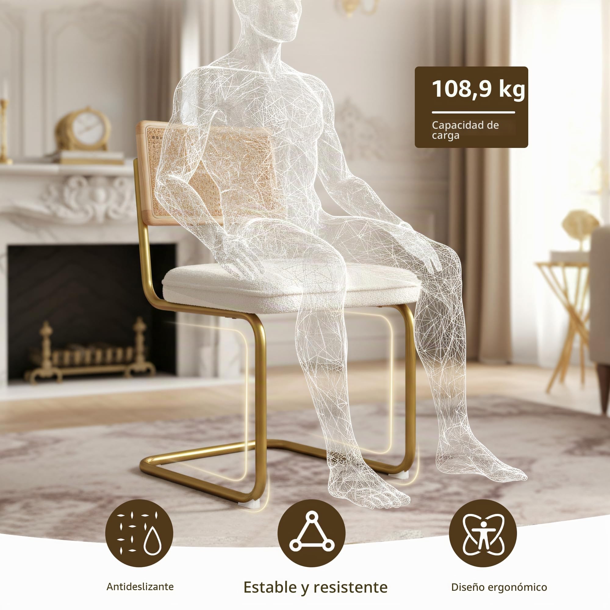 CangLong Pack de 2 Comedor Tapizadas, Sillas de Cocina Modernas con Patas de Metal, Gran Estabilidad y Capacidad de Carga, Blanco, Ratán, Vellón, Espuma, Unidades