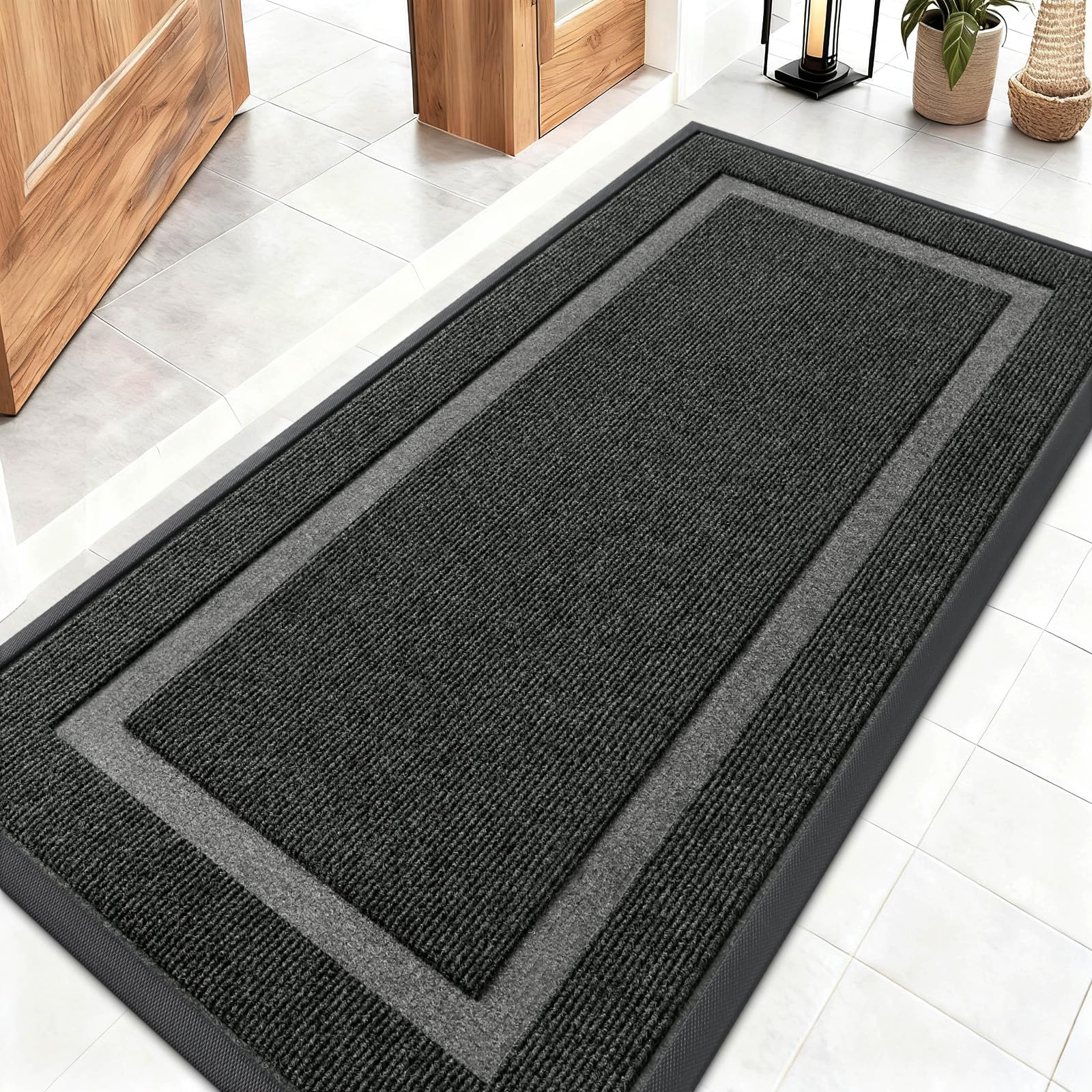 Front Door Mat Indoor Outdoor Entrance, Waterproof All-Season, All-Weather Doormat, Sturdy Natural Rubber, Fade Resistant, Low Profile, Easy Clean Patio Porch Entryway Mat, 47x23, Black