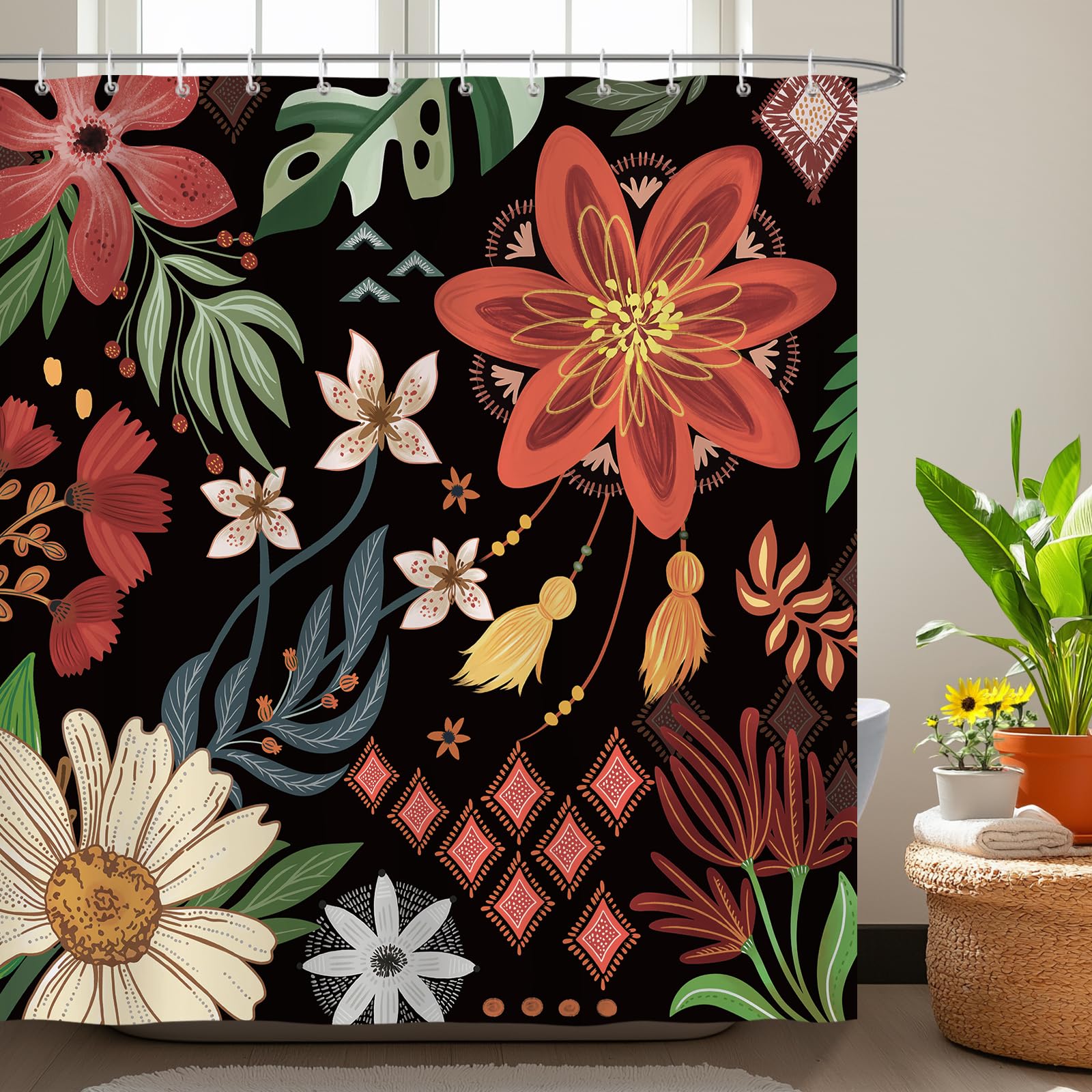 Bonhause Cortina de Ducha Boho Flores Hojas de Tropical Abstracto Retro Negro Cortina de Baño de Poliéster Impermeable Antimoho Lavable Cortina Ducha 180 x 180 cm con 12 Ganchos