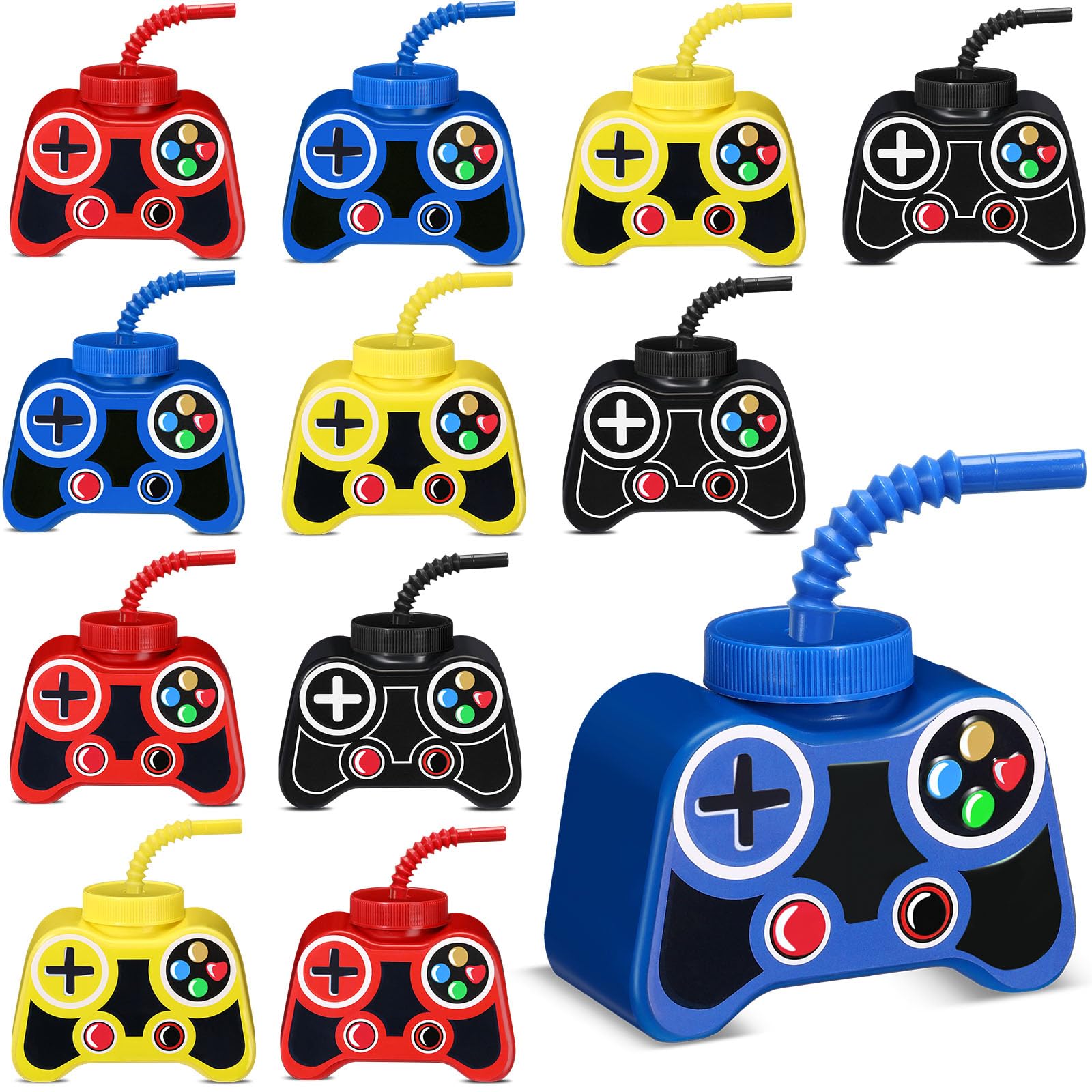 Mifoci 12 Pcs Plastic Video Game Party Cups with Straw and Lid 10oz Gamer Birthday Themed Drink Cups 7th Video Game Party Favors for Kids Toddlers