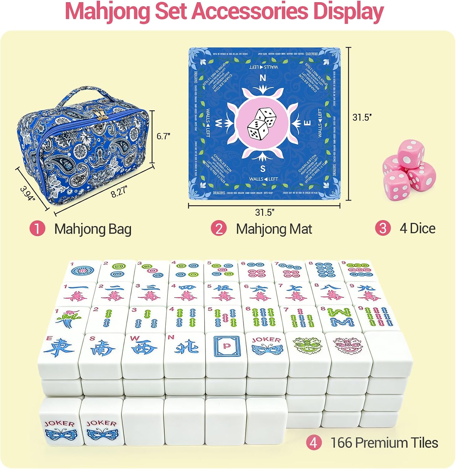 American Mahjong Tile Set, 166 White Tiles (1.2”), Mahjong Tile Set with Carrying Bag, Dice, Mat, Cute Mini Tiles, Portable Travel Complete Game Set for Home Outdoor, Gift for Enthusiasts