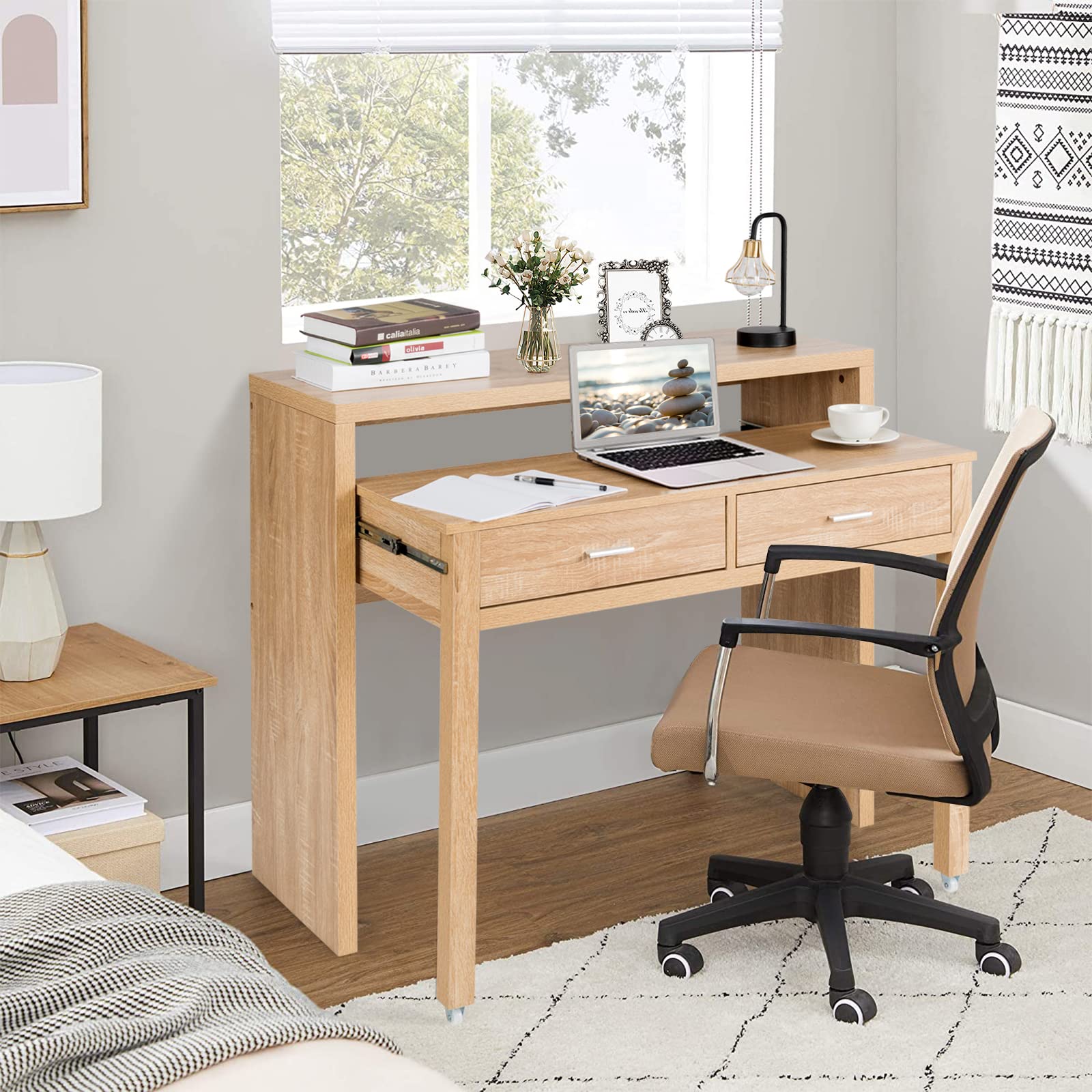 Giantex Bureau Pliable 3 Tiroirs De Rangement & Roues Verrouillables