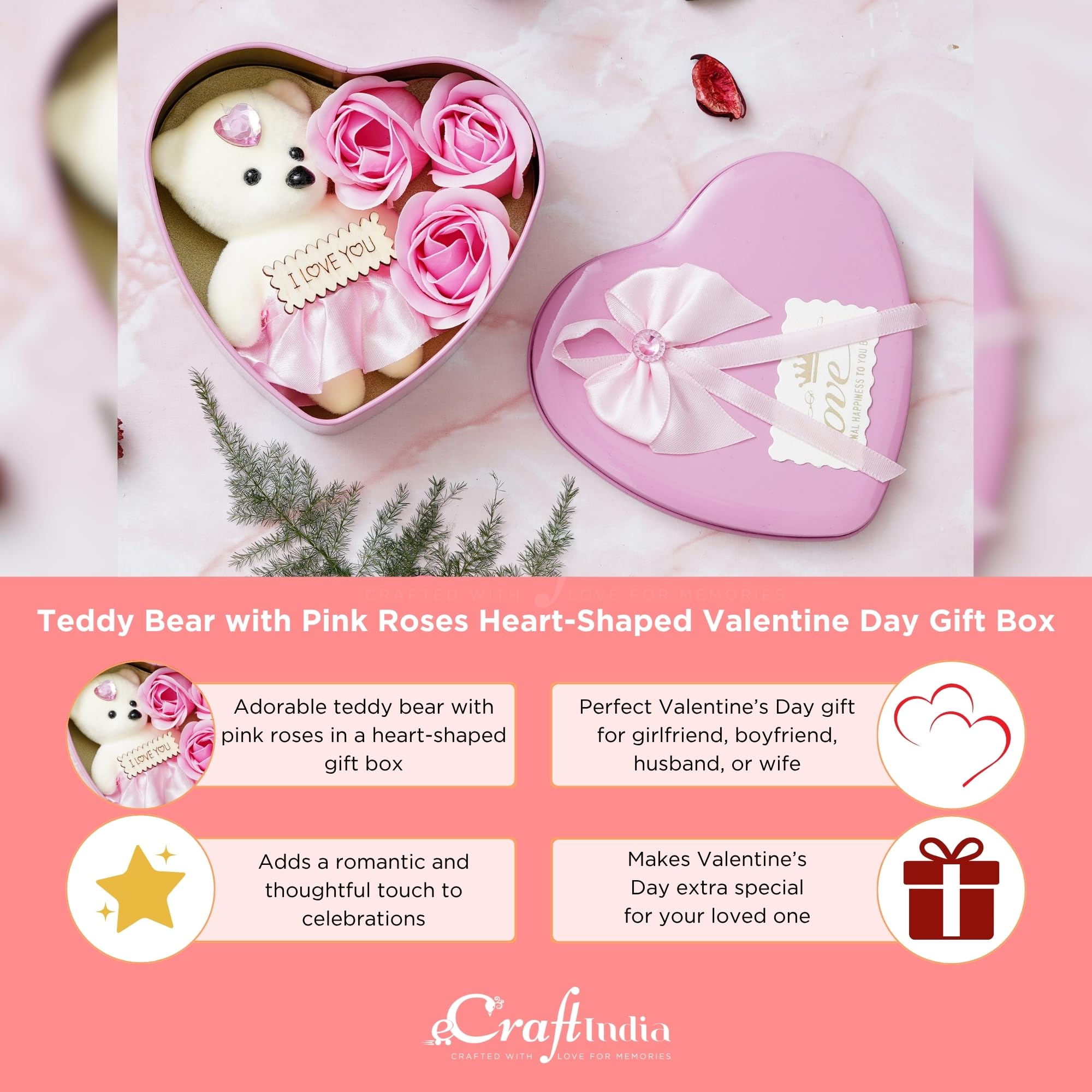 eCraftIndia Valentine Gift for Girlfriend Boyfriend | I Love You Teddy Bear Pink Roses Heart Shaped Gift Box | Valentine Day Gift for Husband Wife Her Him | Valentine Day Decoration Items 3