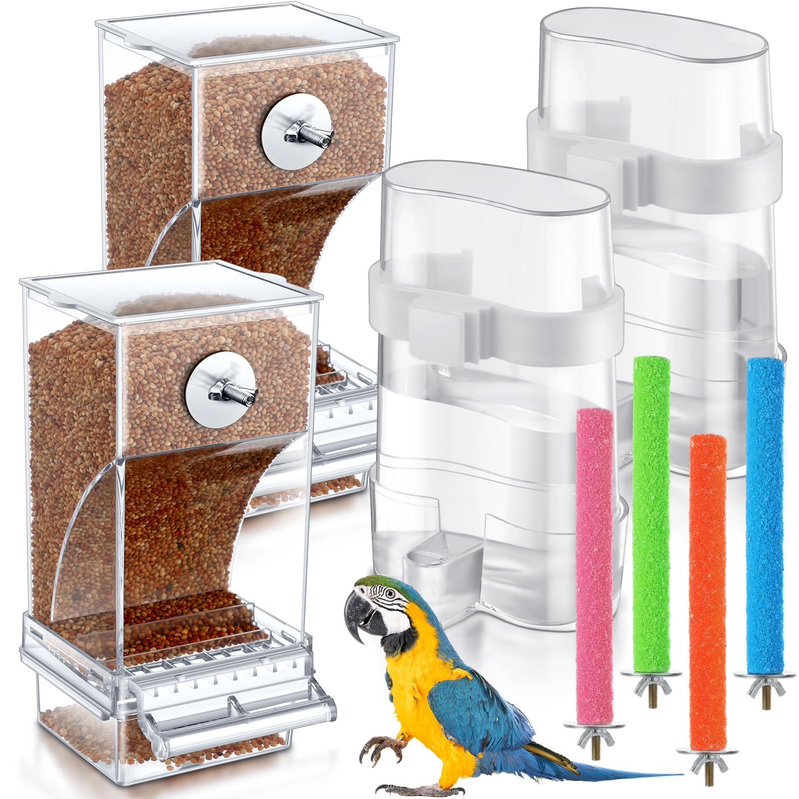 Yaomiao 8 Pcs No Mess Small Bird Feeders with 4 Pcs Cage Perch Automatic Drinker Parakeet Seed Dispenser Quail Feeder and Watered Cage Accessories for Small Birds Parrot Cockatoo Canary(Clear)