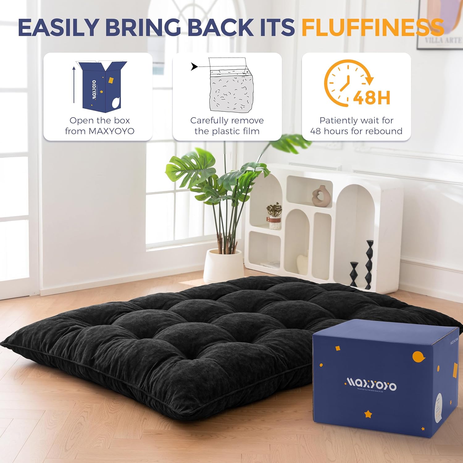MAXYOYO Floor Mattress Queen Size, 6" Chenille Japanese Futon Mattress Foldable Floor Couch for Adults Tufted Roll Up Floor Couch Mat, Tatami Sleeping Pad for Living Room, Black