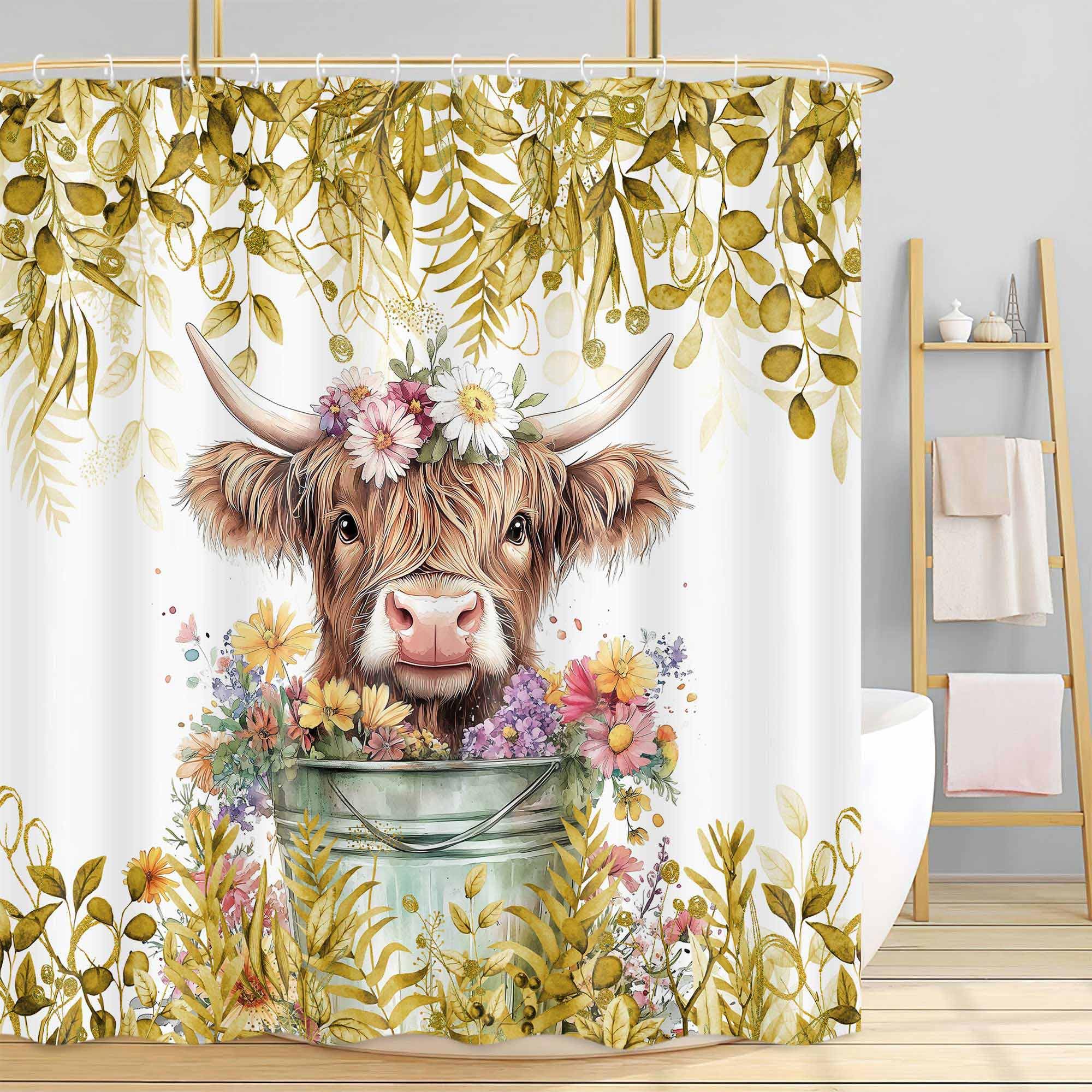 Mtsxfy Yellow Shower Curtain, Boho Plant Eucalyptus Leaves Floral Funny Highland Cow Bath Curtain, Farmhouse Animals Bathroom Accessories Botanical for Bathroom Curtain Set with Hooks, 69X75in — image 1
