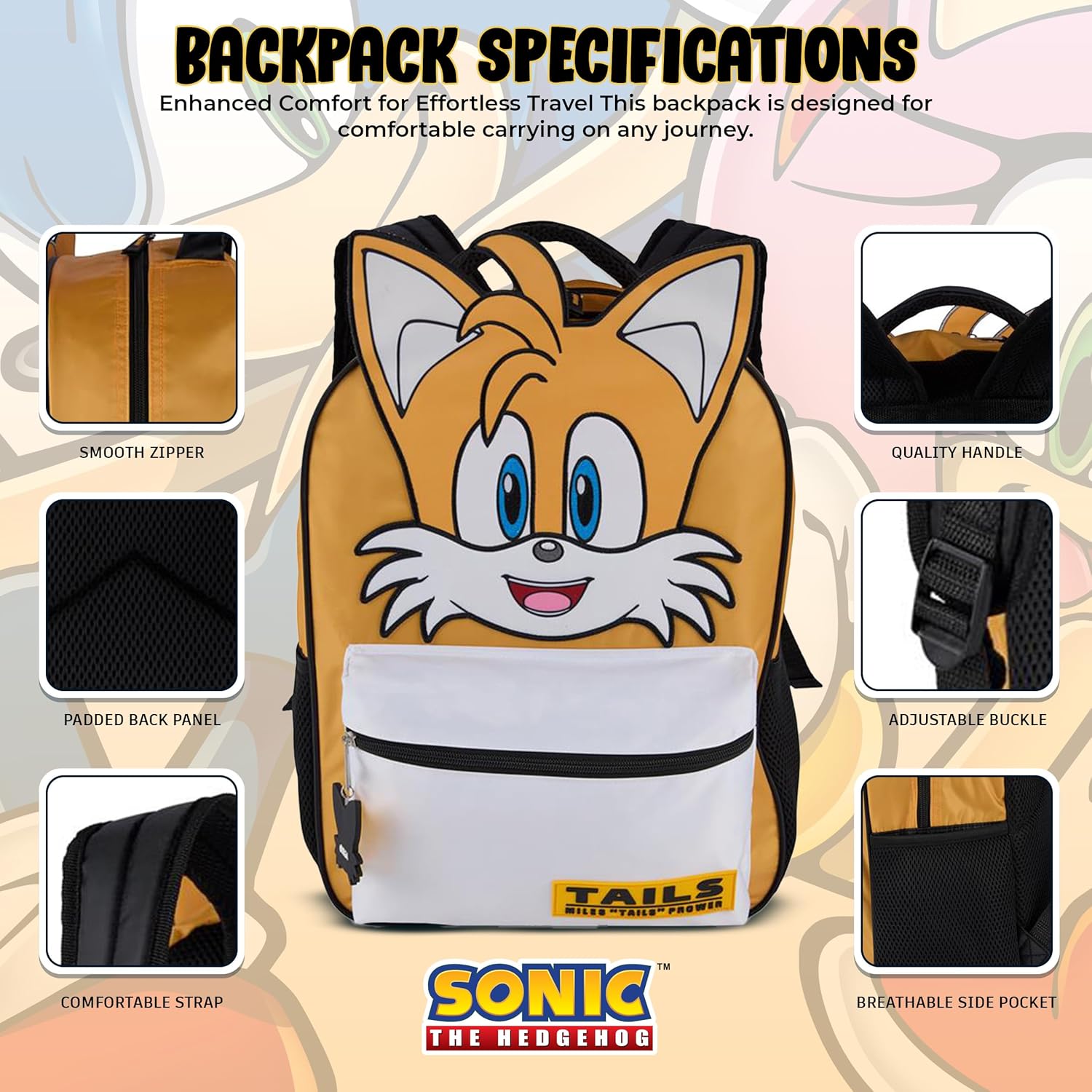 AI ACCESSORY INNOVATIONS Sonic The Hedgehog Backpack for Boys & Girls, Tails Big Face 16 Inch Schoolbag with Tails Rubber Molded Dangle, Yellow - Image 5