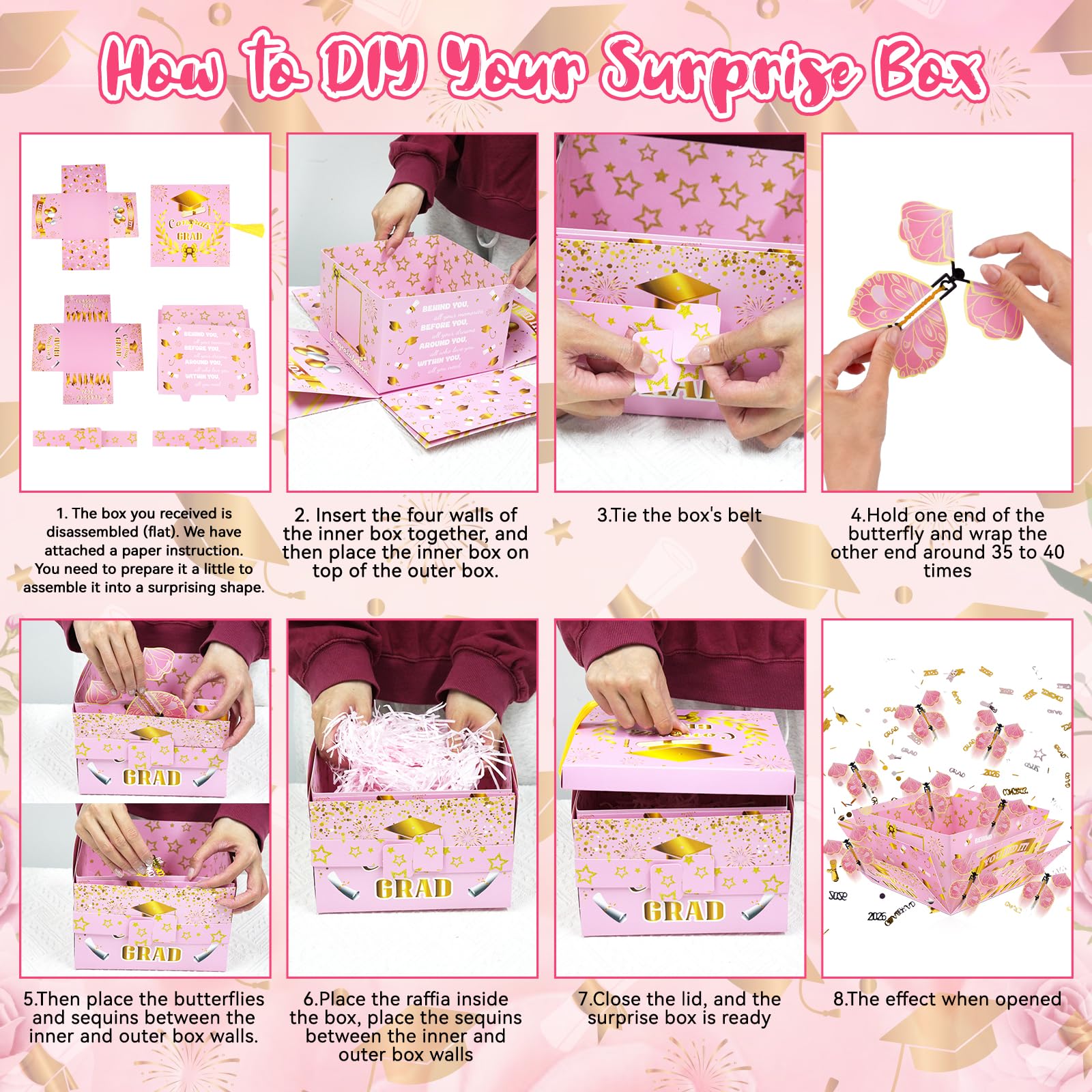 Graduation Gift Boxes 2026, Surprise Gift Box Explosion with 8 Pcs Flying Butterfly Photo DIY, Graduation Box 2026 Exploding Gift Box for High School College Graduate Party Decoration (Pink & Glod )