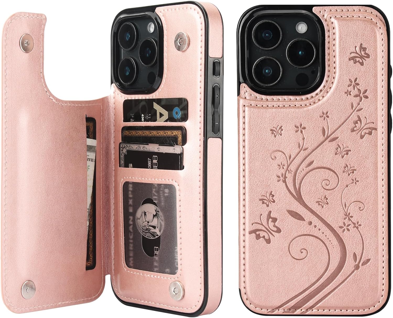 Vaburs Compatible with iPhone 16 Pro Max Case Wallet with Card Holder,Embossed Butterfly Pattern PU Leather Double Buttons Flip Protective Shockproof Cover for Magnetic Car Mount 6.9 Inch (Rose Gold)