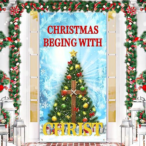 Pancarta de cubierta de puerta de Navidad con cruz religiosa para puerta, decoración de Navidad comienza con Cristo, decoración de telón de fondo