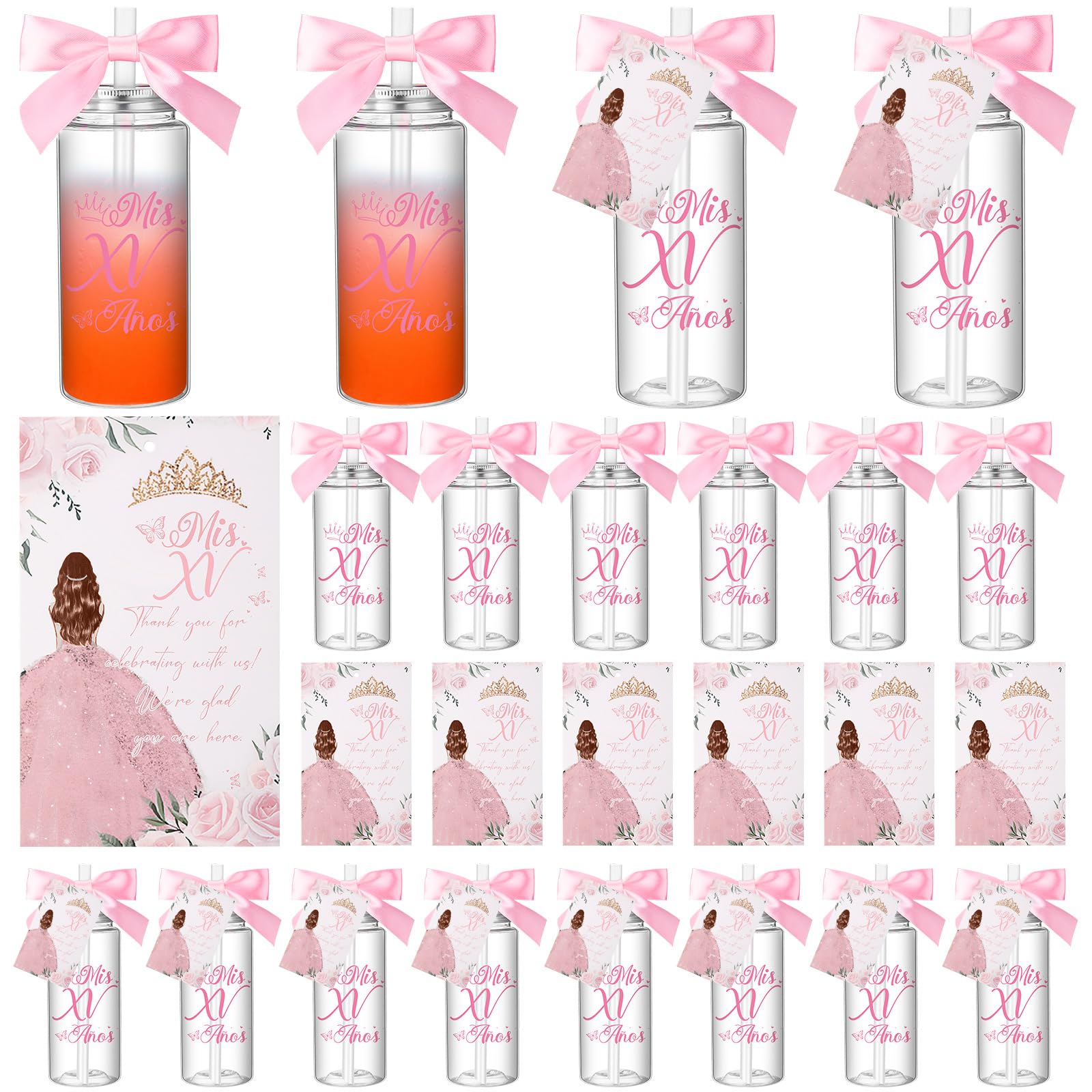 Photo 1 of Honeydak 25 Sets Quinceanera Party Favors for Guests 14 oz Quinceanera Reusable Plastic Tumbler Cup with Lids and Straws Thank You Cards with Ribbon Bow Anos Birthday Party Favors(Pink)
