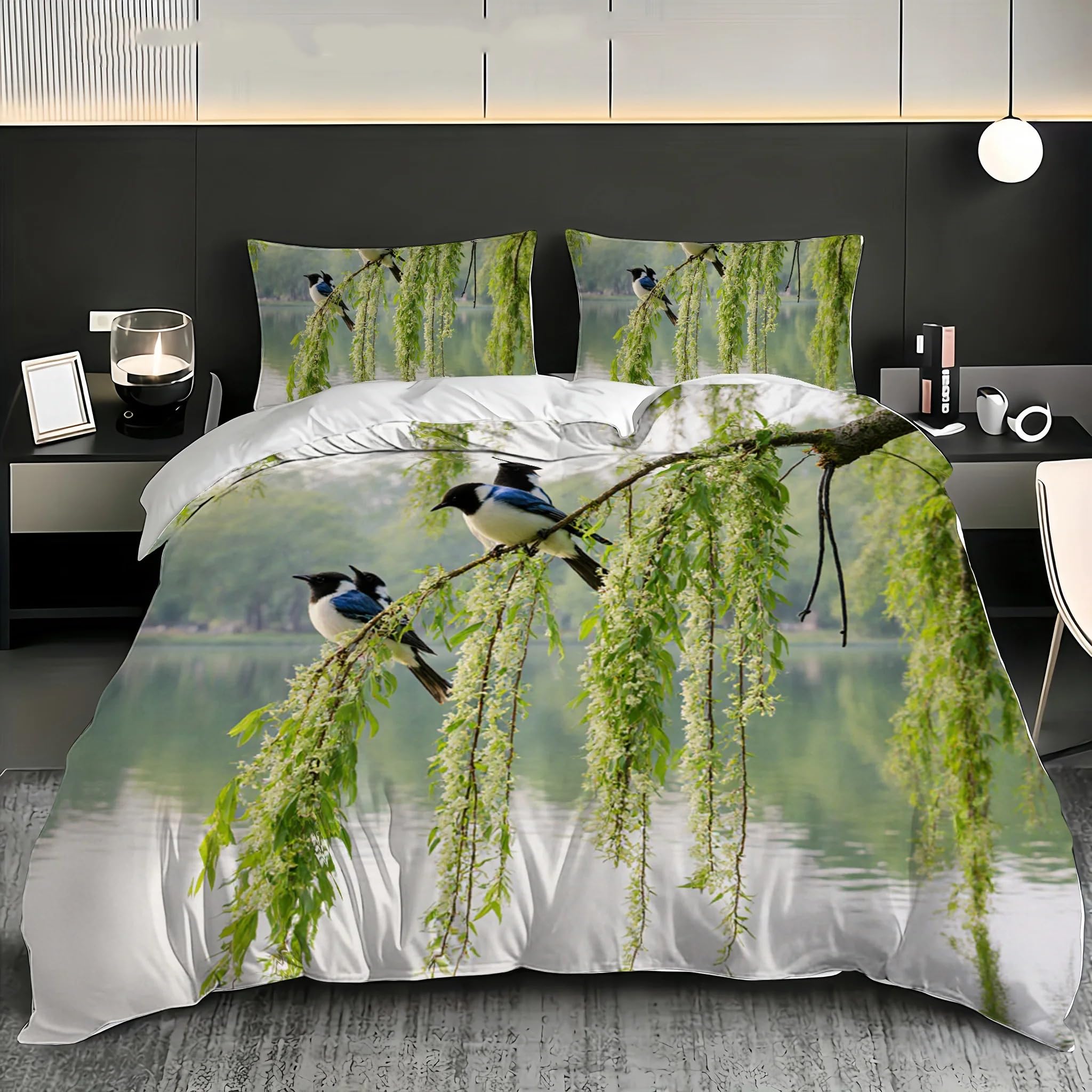 NDXRWDZR King Size Duvet Set Bird Willow Tree Duvet Cover with Zipper Closure Bedding Set for Aldults Kids Soft Hypoallergenic Microfiber Quilt Cover 230x220 cm + 2 Pillowcases 50x75 cm