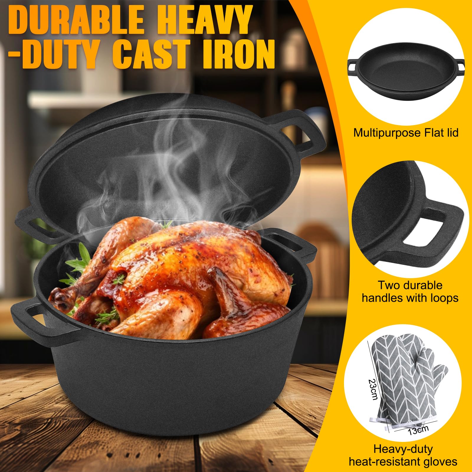 Cocotte in Ghisa 2 in 1 con Coperchio Teglia per Pane – Pentola da Forno Ø26 cm, 4,7 L – Compatibile con Induzione e Forno, Cottura Uniforme e Durevole, Senza Rivestimento Chimico