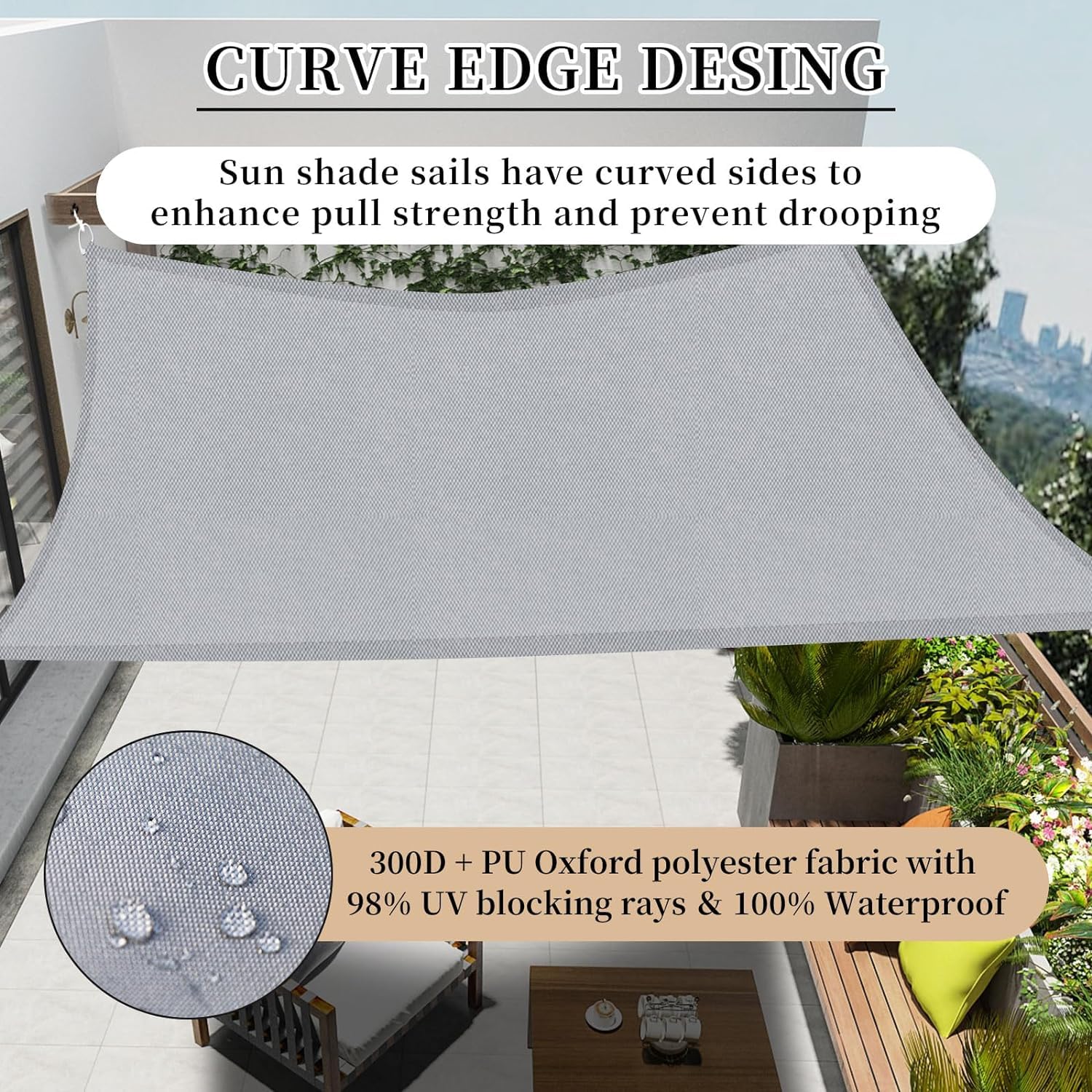 RICHIE Sun Shade Sail Rectangle 2m x 3m Waterproof, 98% UV Block Awnings for Patios with Free Rope Sunscreen Awning Canopy - Image 3