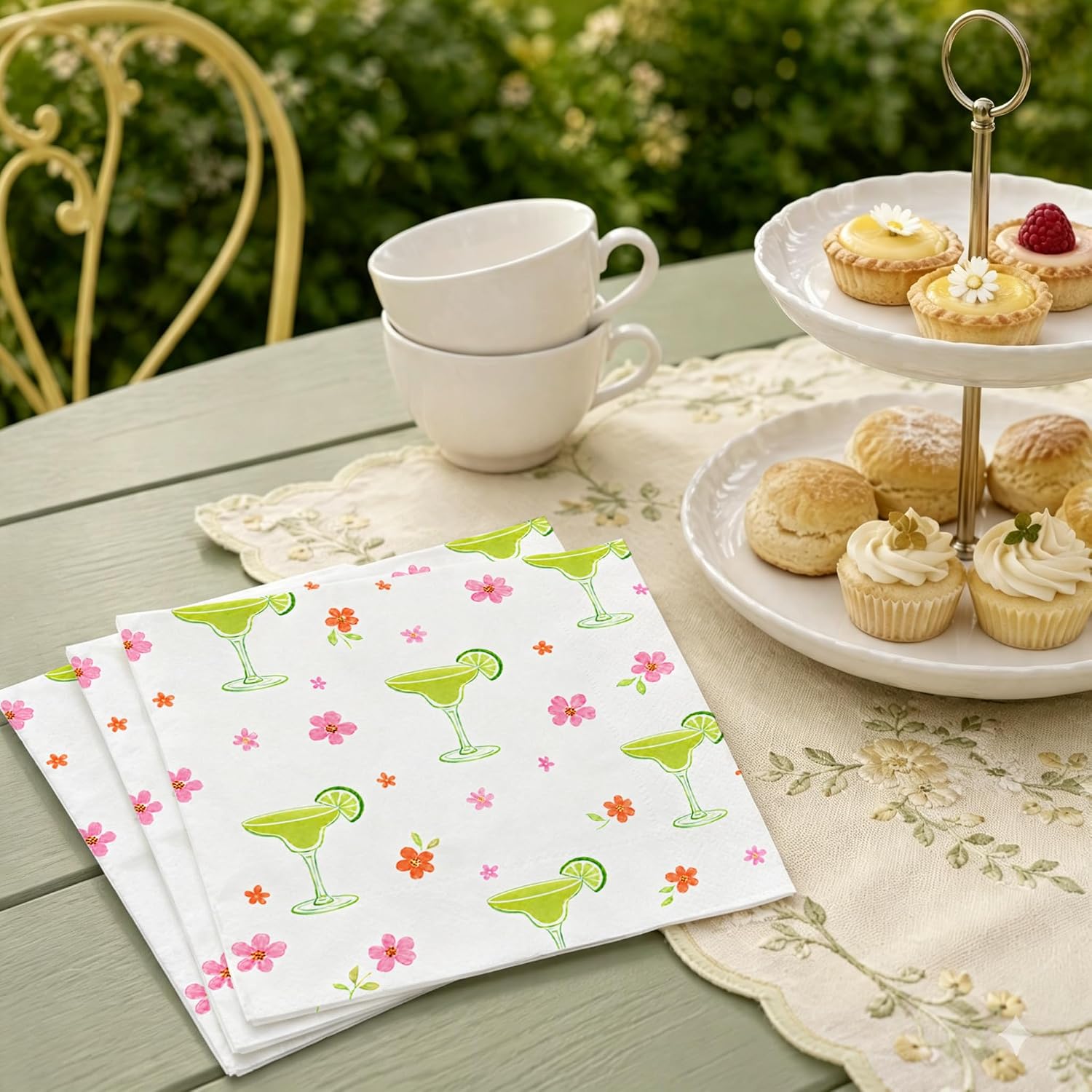 50pcs Margarita Napkins, Lime Green Margarita Glasses Floral Disposable Paper Napkins for Summer Birthday, Fiesta, Bachelorette Brunch, Tequila Party Decorations