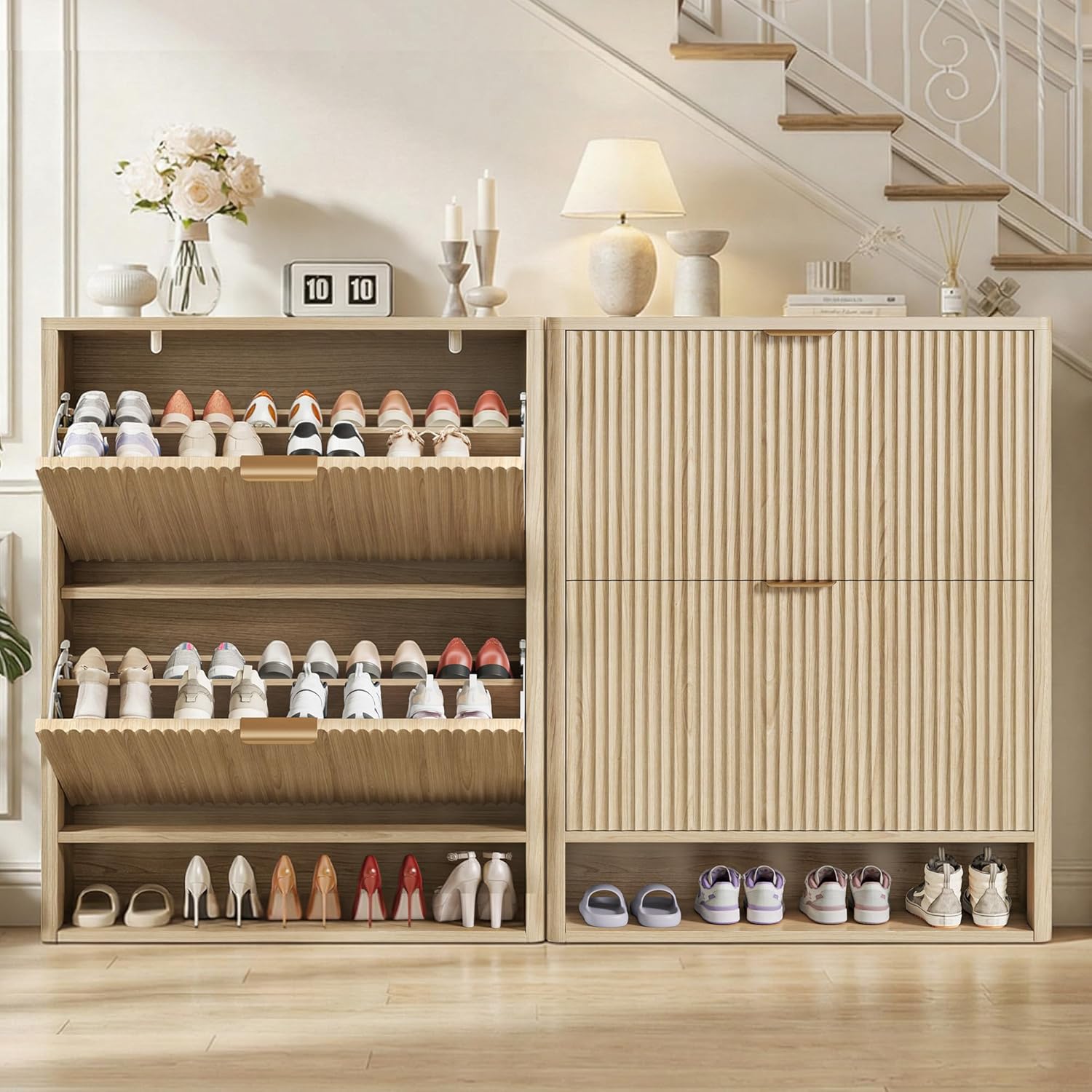 IRONCK Fluted Shoe Storage Cabinet for Entryway with 2 Flip Drawers, Adjustable Shelves & Open Shelf, Narrow Wood Shoe Rack Cabinet, Freestanding Slim Shoe Organizer Cabinet, Oak