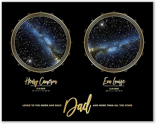 Personalized Night Sky Star Map Unframed Print with Compass and Black Background (12"x18", Two Star Maps)