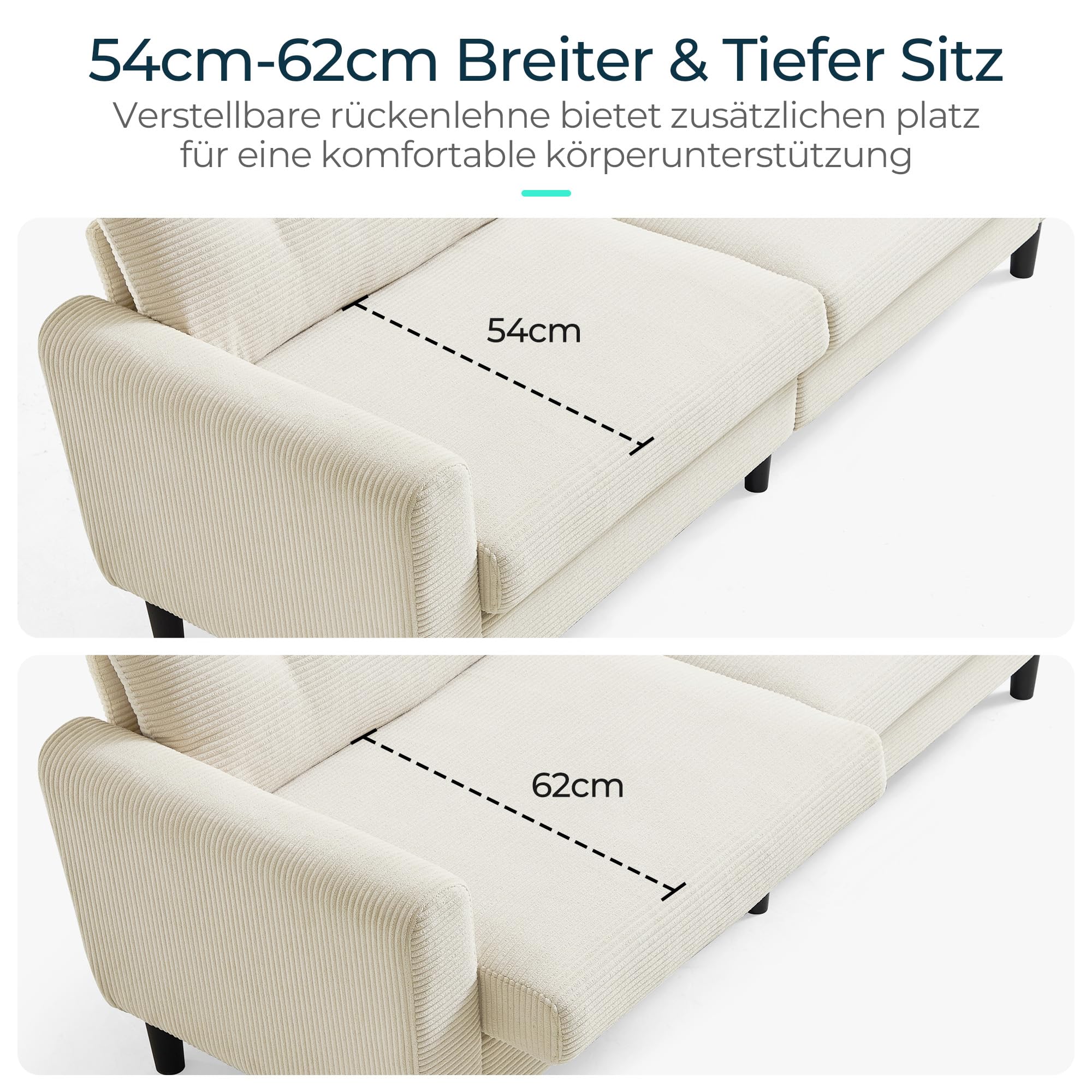 LINSY HOME Sofa 3 Sitzer, 201cm Breit Sofas mit Verstellbarer Sitztiefe, Kleine Sofacouch für Wohnzimmer Schlafzimmer Wohnung Büro, Cremefarben