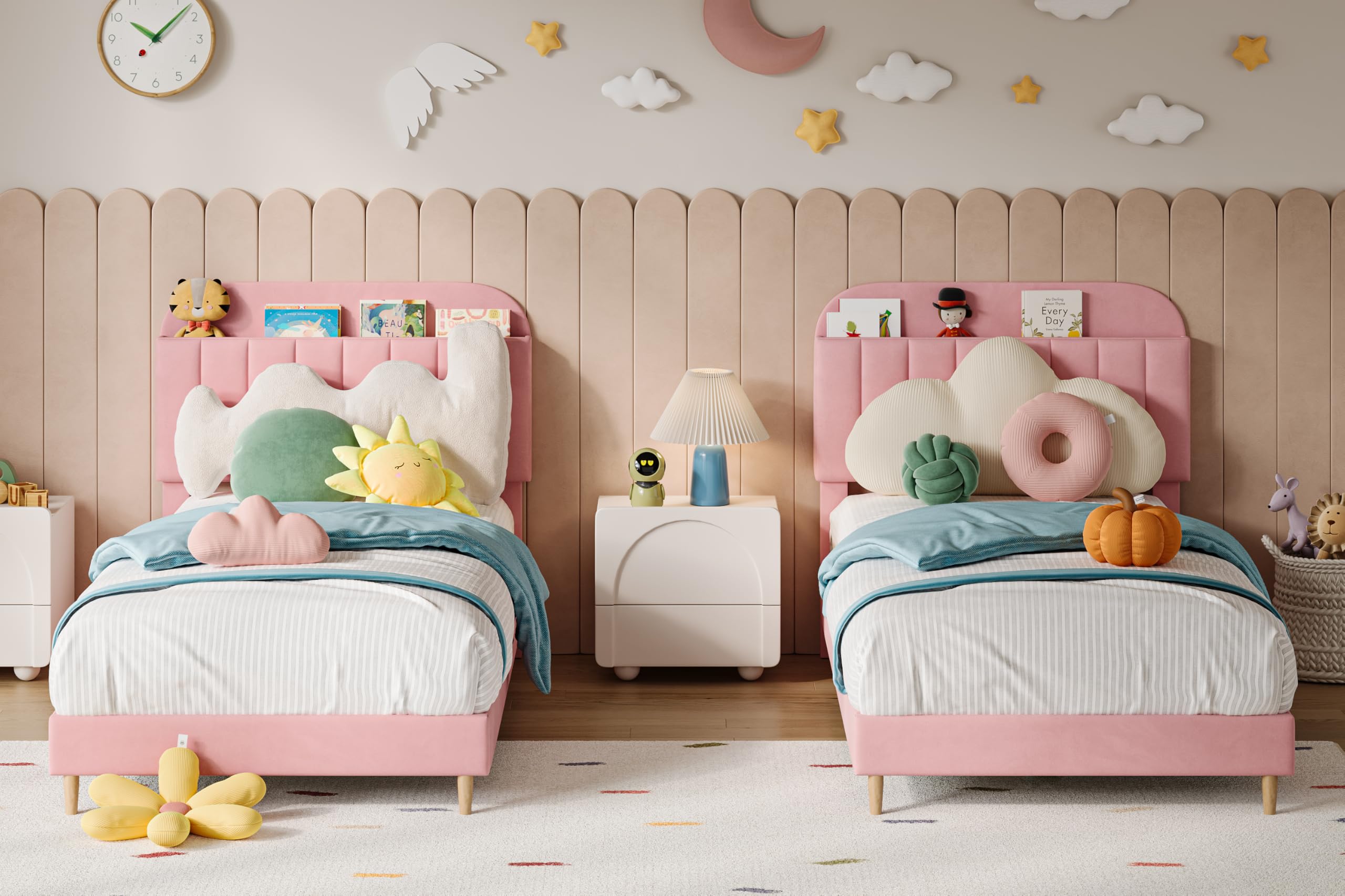 Cama Infantil de 90 x 190 cm, Somier de Madera con Almacenamiento, Cama de Suelo con Varias Patas, Cabecero Acolchado, Cama de Asiento Montessori para Habitación Infantil, Niño/Niña, Rosa