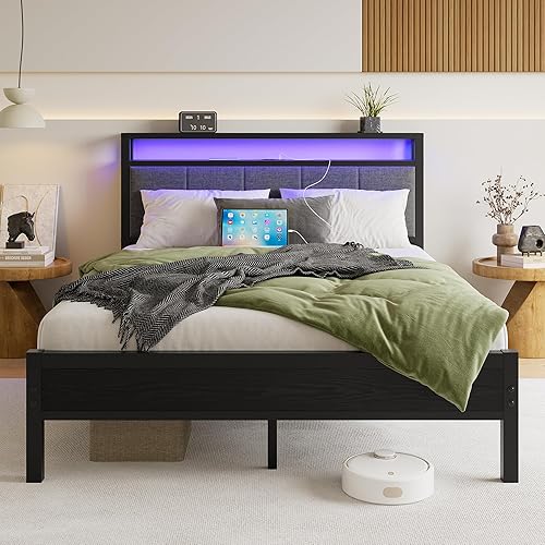 Base de cama Queen con almacenamiento de cabecero, base de cama tapizada tamaño Queen con estación de carga y luces LED, no necesita somier, Negro y