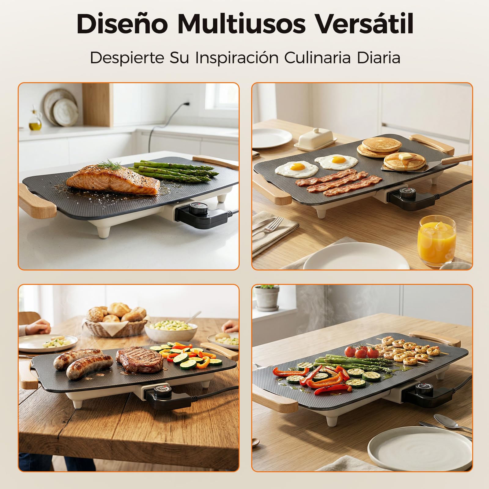 WOOX 1380W Plancha de Asar Eléctrica – Superficie 51x30 cm, Antiadherente, Comidas Familiares, Tortitas y Carne, Calentamiento Rápido, Sin PFAS, Asas de Roble, Fácil de Limpiar