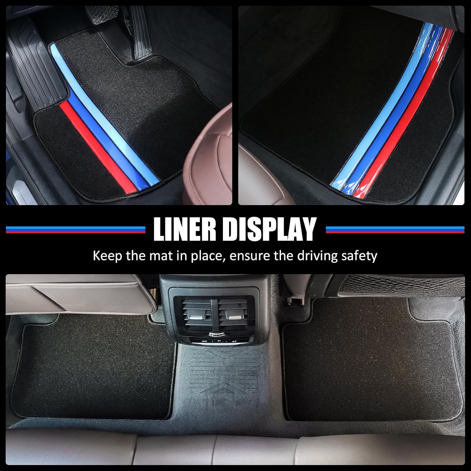 IKON MOTORSPORTS, Floor Mats Compatible with 2018-2024 BMW G01 X3 2019-2025 G02 X4, Black w/ 3 Color Strips Nylon Factory Fitment Car Front & Rear Row Carpets Liner 4PCS Set