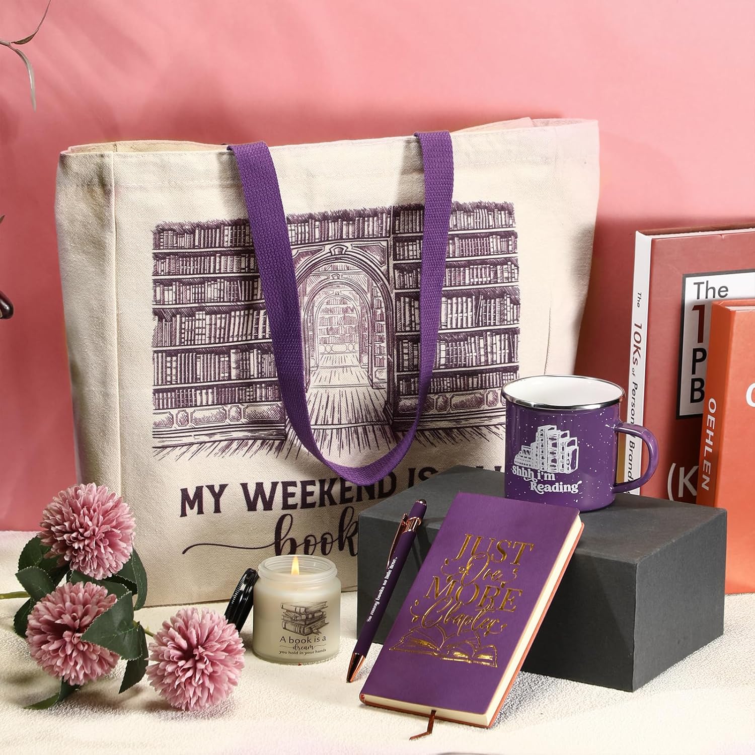 Jetec Set of 5 Book Lovers Gifts for Reader Include Canvas Tote Bag Journal Notebook with Ballpoint Pen Enamel Mug Scented Candle for Teens Librarian Bookish Author(Purple)