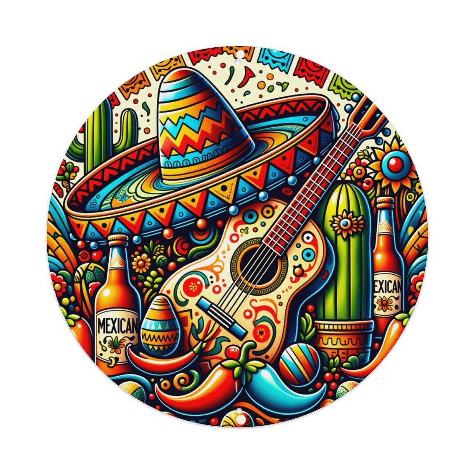 Jdyaojiesheng Vintage Mexican Hat Guitar Cactus Beer Round Tin Sign Retro Metal Wall Decor Metal Poster, Home Bar Garage Farmhouse Cafe Wall Art Decoration 8X8inches