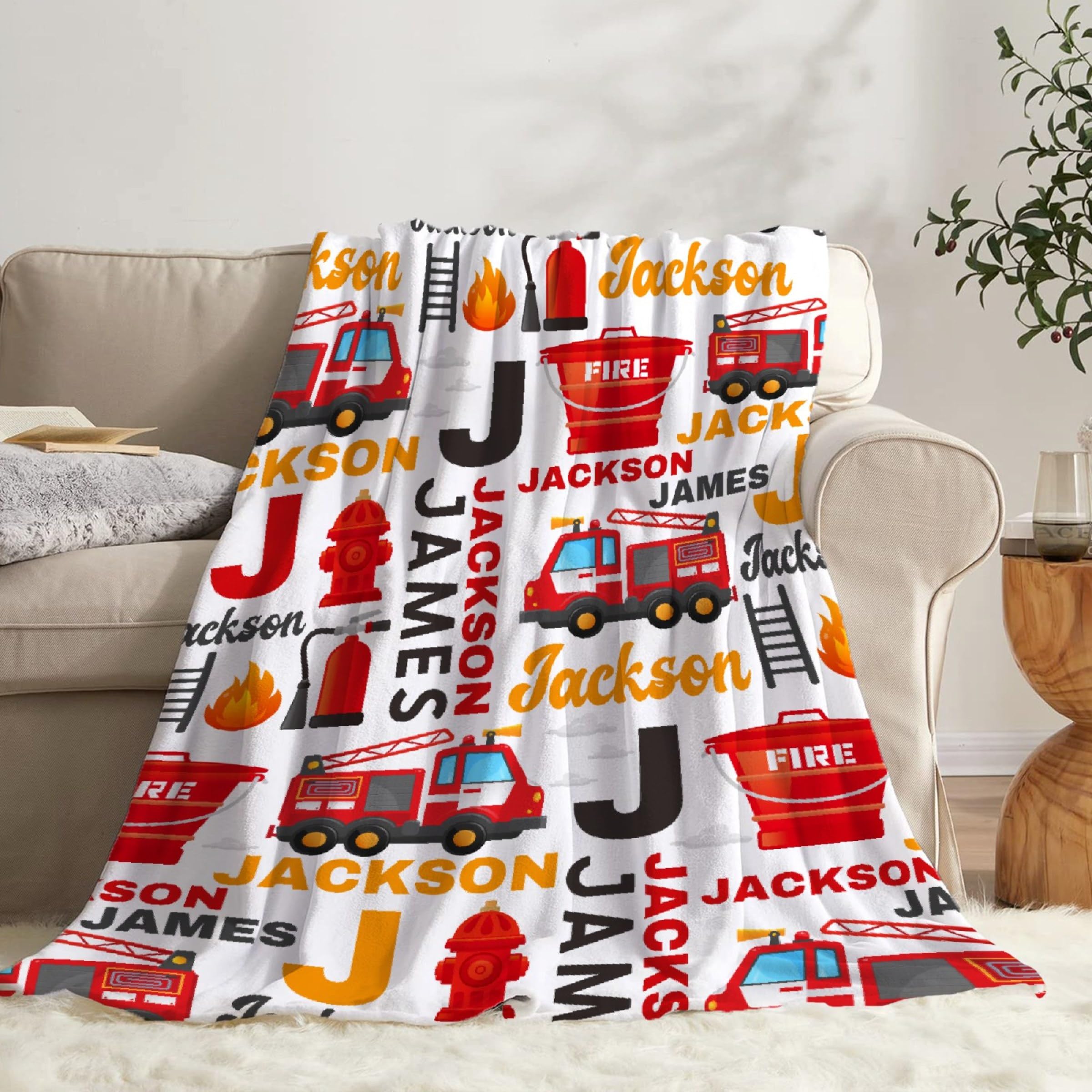 Fire Trucks Firefighter Custom Blanket Gifts Personalized Fire Trucks Throw Blankets for Boys Girls Super Soft Fleece Flannel Air Conditioning Blanket for Couch Bed 120x90 in for Family