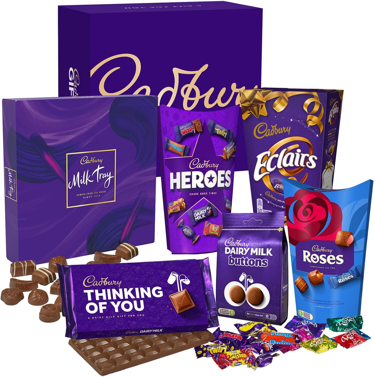 Cadbury "Thinking Of You" Chocolate Sharing Hamper - Milk Tray, Roses, Heroes, Dairy Milk Buttons.