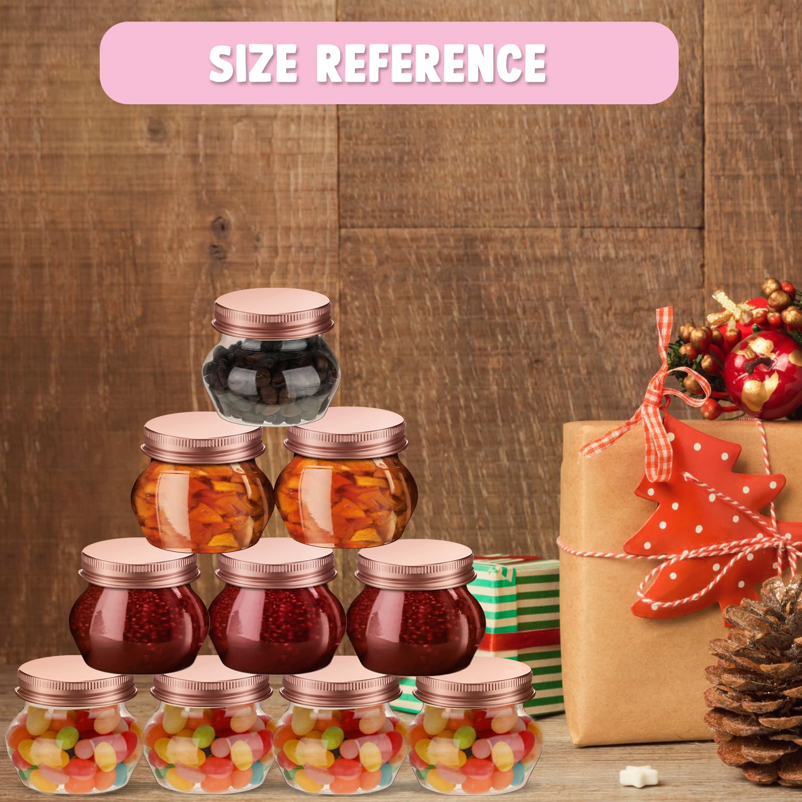 48 Pcs 4 oz Clear Plastic Jars with Lids Wide Mouth Mason Canning Jars Mini Storage Containers Bulk for Herb Jelly Wedding Favors Shower Party Favors (Rose Gold)