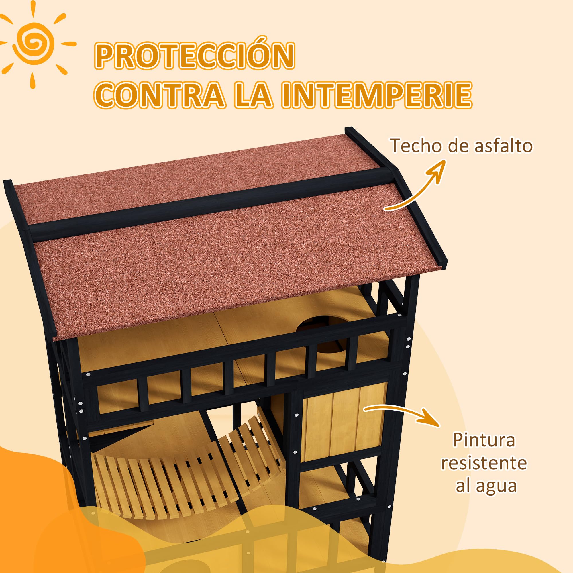 PawHut Casa para Gatos de Madera 84x60x116 cm Caseta para Gatos de 4 Niveles con Puente Colgante Balcón y Techo Asfáltico para Exterior e Interior Natural