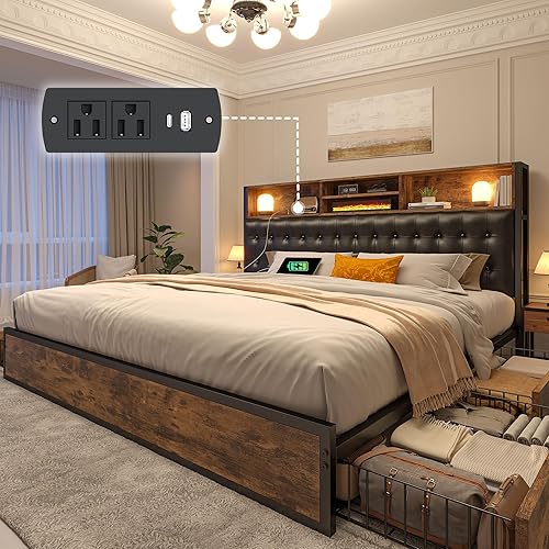 Miniatura 9 de EnHomee Base de cama Queen con 4 cajones de almacenamiento, marco de cama tamaño Queen con cabecera tapizada y estación de carga integrada, sin