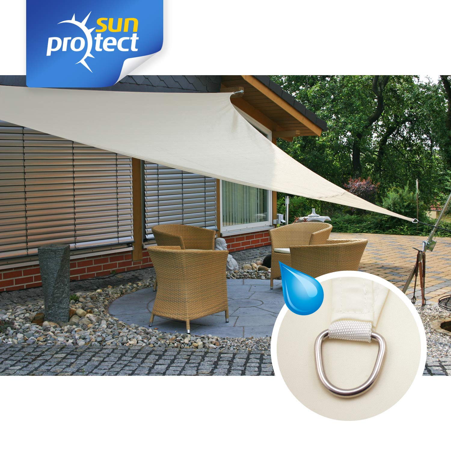 sunprotect 83278 wasserabweisend Sonnensegel Hydro, 3,6 x 3,6 x 5 m, 90° Grad Dreieck, wasserabweisend, Creme