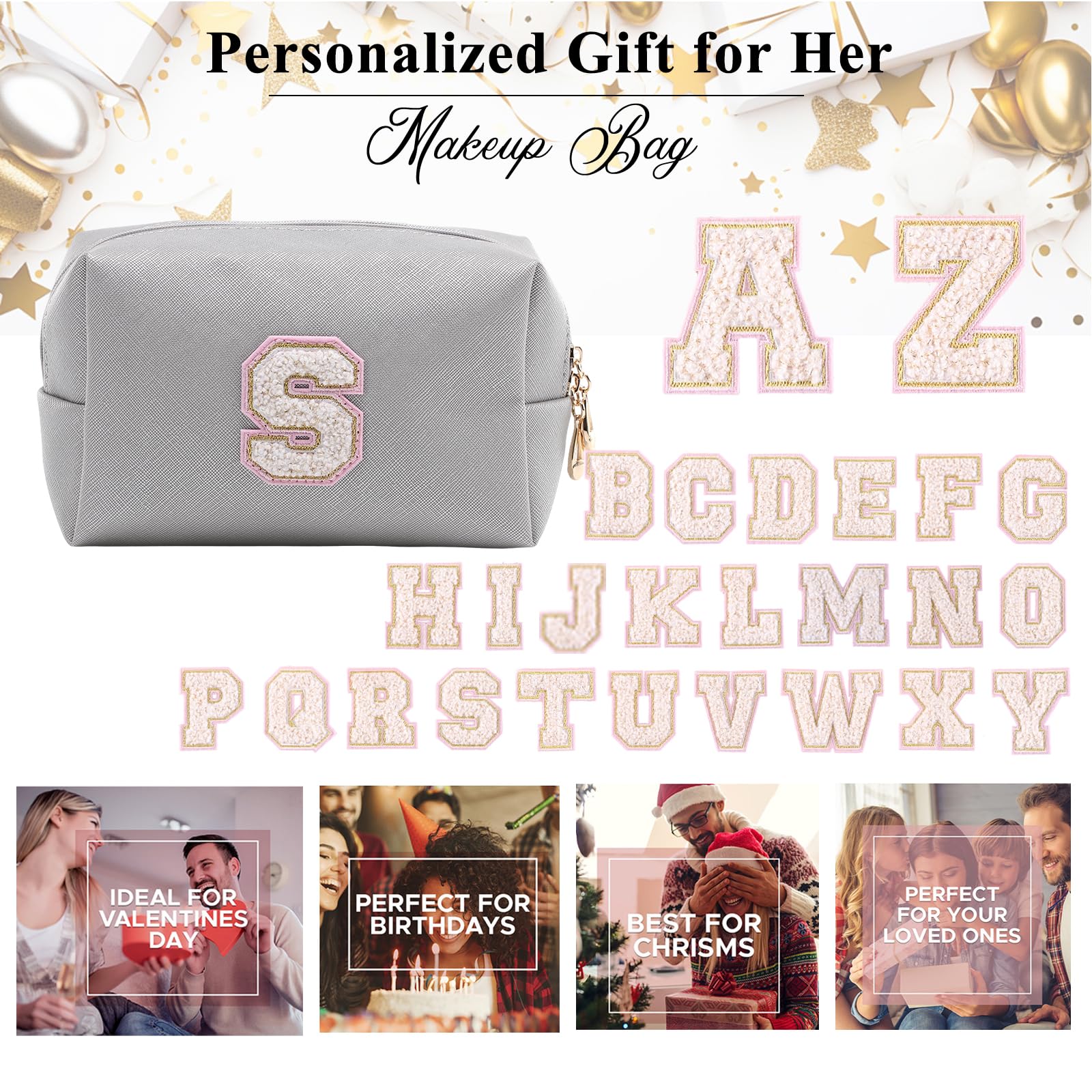 Personalized Makeup Bag,Waterproof Travel Makeup Pouch Cosmetic Bag Birthday Gift for Women Mom，Bride Bridesmaid Cosmetic Bag A-Z — view 49
