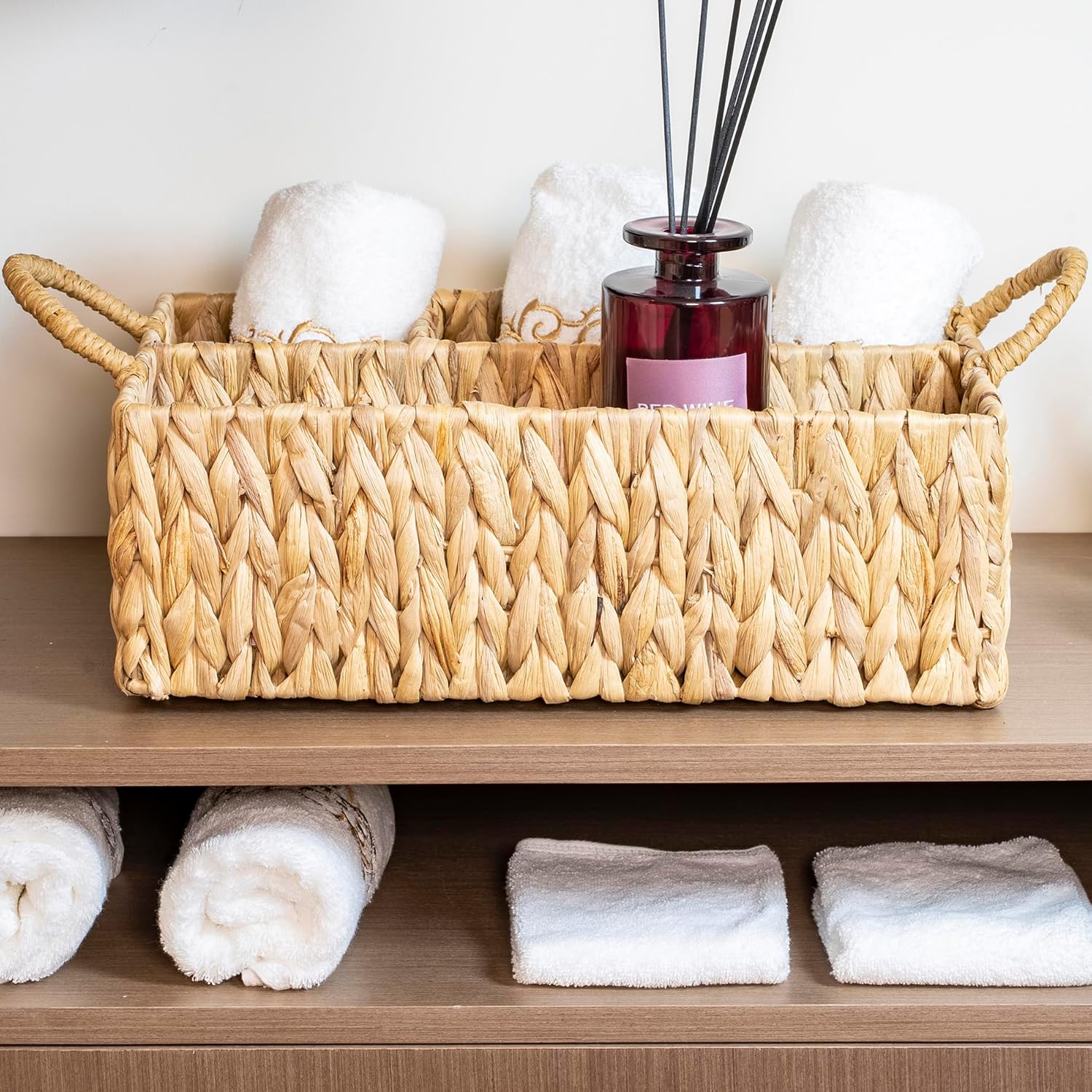 Wicker Basket Divided Storage with Handles - Natural Water Hyacinth Organizer for Diaper Essentials, Kitchen Utensils, Bathroom & Nursery Organization, 4 Compartments