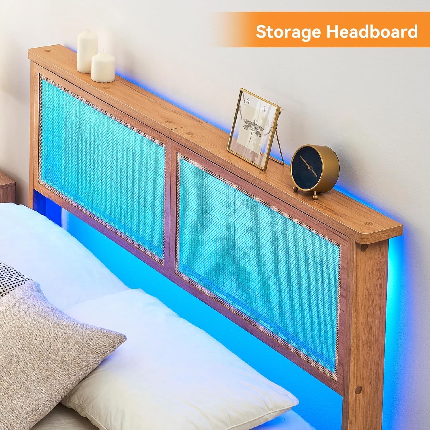 Rattan Bed Frame Queen with Natural Rattan Headboard,Queen Bed Frame with LED Lights,Rattan Queen Bed Frame with Headboard,Solid Wood Foundation with Silent Slats,No Box Spring Needed(Queen)