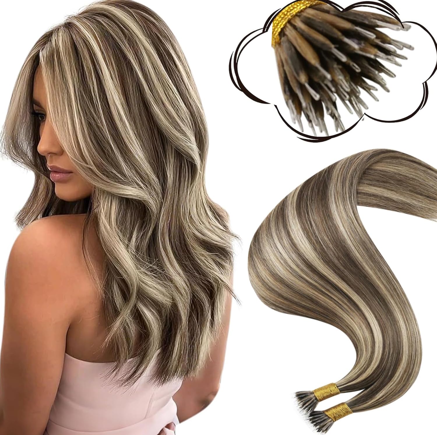 Moresoo Nano Hair Extensions Real Human Hair 16 Inch 50g/Pack Ash Blonde Highlight Nano Beads Hair Extensions Human Hair 1g/s Remy Straight Hair #P18/613 — view 44