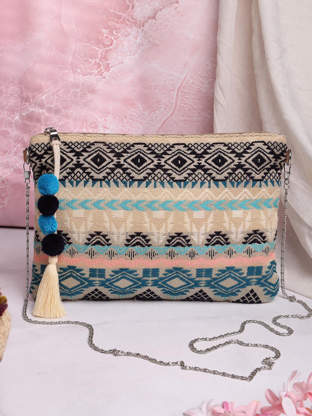 Anekaant Tribal Natural, Ocean Blue & Multi Tribal Cotton Jacquard Sling Bag 1