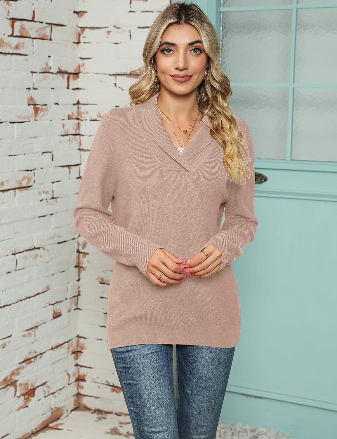 IECCP Women's Solid Color V-Neck Long Sleeve Sweater Winter Knitted Lapel Pullover Sweater image 2