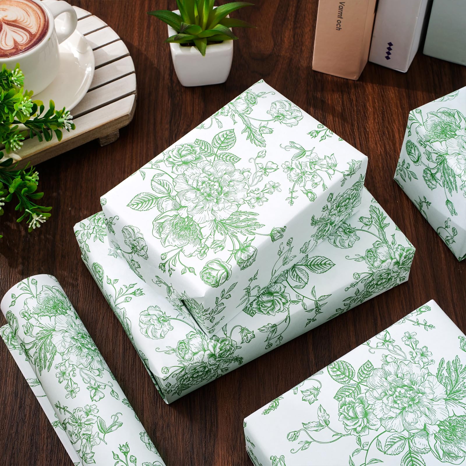 JarThenaAMCS Geschenkpapier mit Blumenmuster, Mini-Rolle, 43,2 cm x 100 cm, grün-weiße Blumen, Geschenkpapier, Chinoiserie, Verpackung für Geburtstag, Hochzeit, Babyparty, Party, Verpackungszubehör