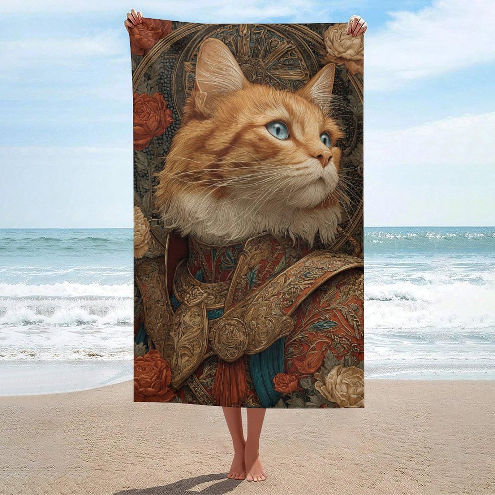 asbwuo Cat in Majestic Attire with Rose Beach Towel