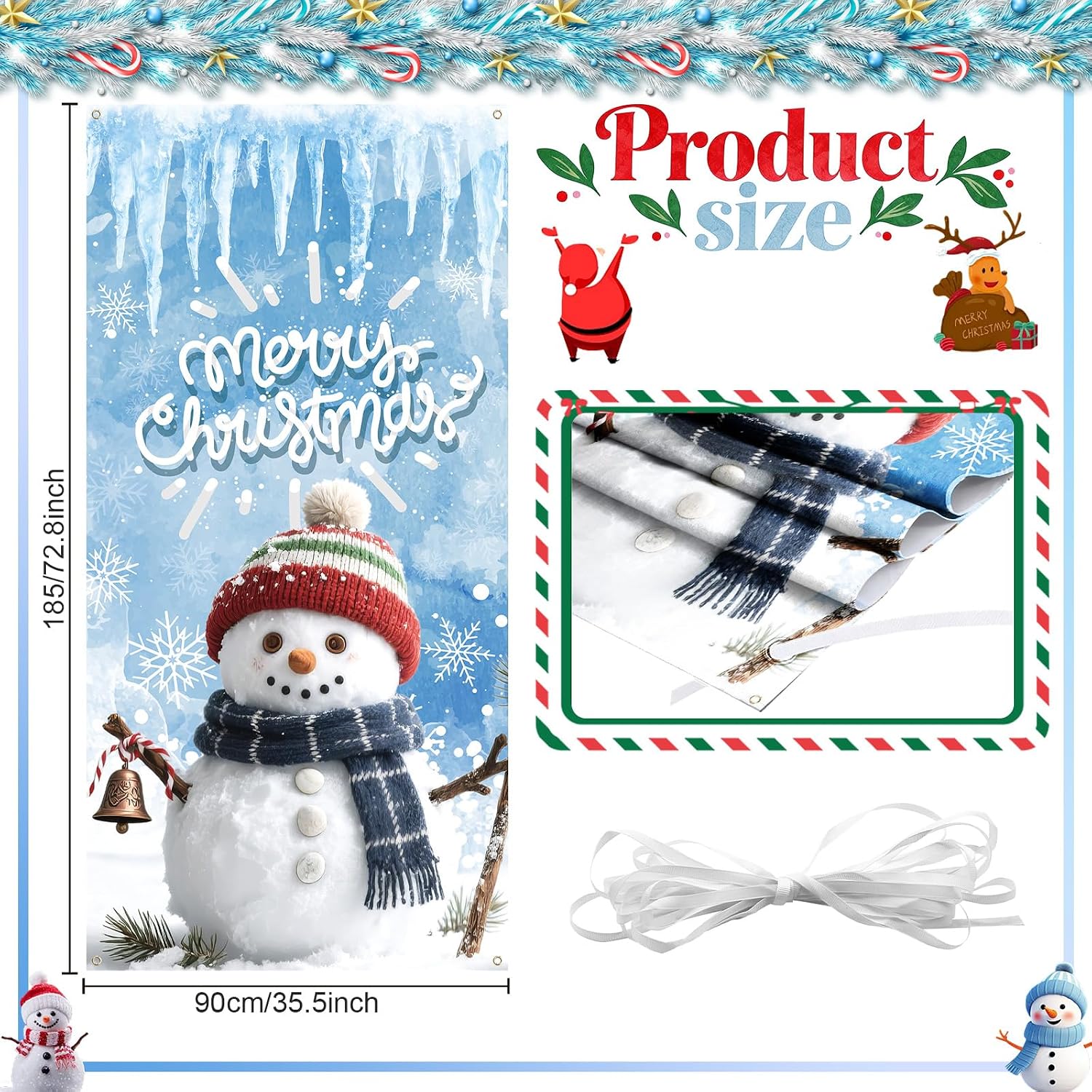 Merry Christmas Snowman Door Covers for Front Door Winter Wonderland Snowman Blue Welcome Banner Photography Background Backdrop for Office Classroom Porch Xmas Home Refrigerator Wall Window Decor image 2