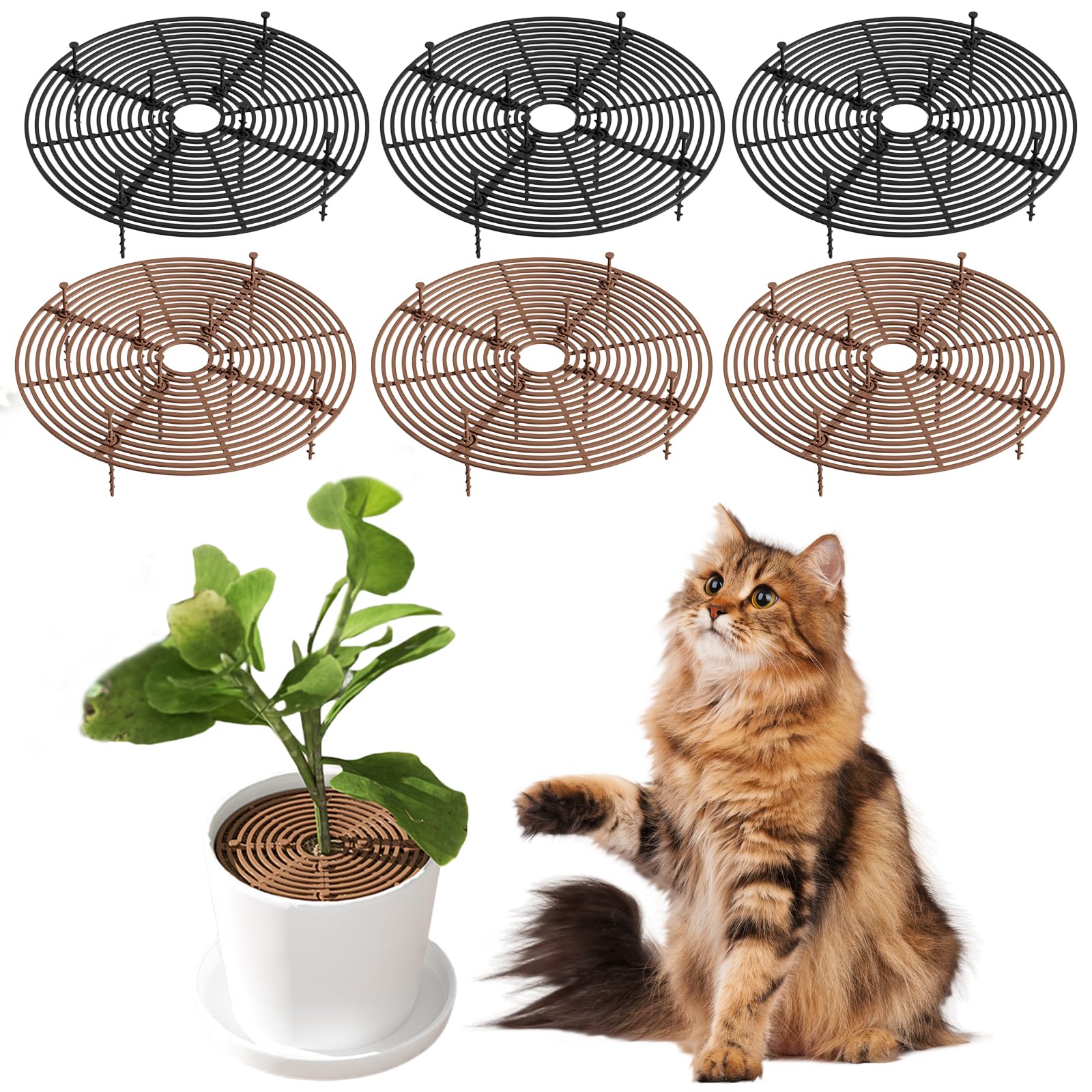 Lot de 6 grilles de protection rondes pour plantes, 30 cm, grille pour pots, protection pour chats et enfants, couverture pour pots (noir et brun)