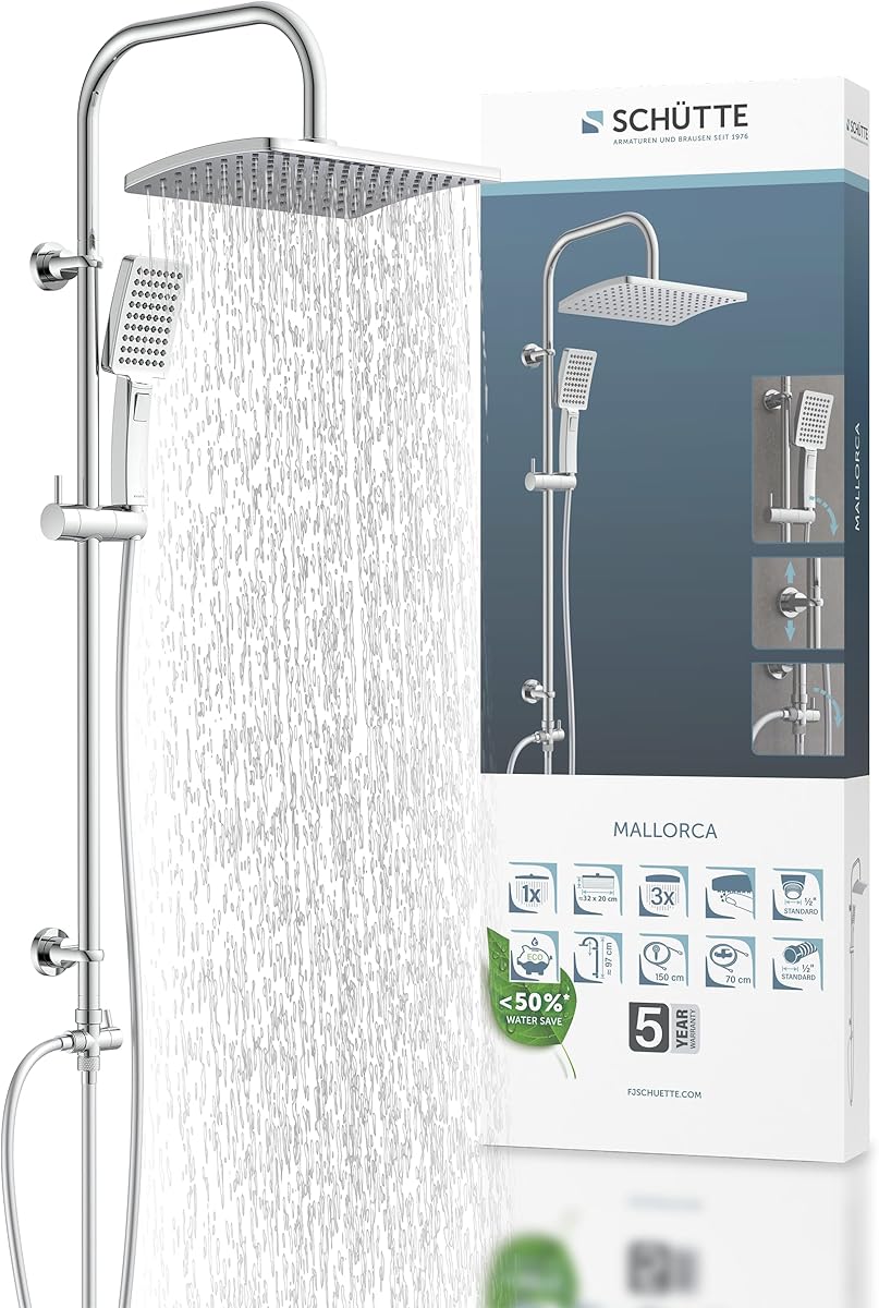 Schütte Mallorca Shower Set with Large Rain Shower, Hand Shower with 3 Jet Types, Shower System without Fittings, Chrome : Amazon.de: Automotive