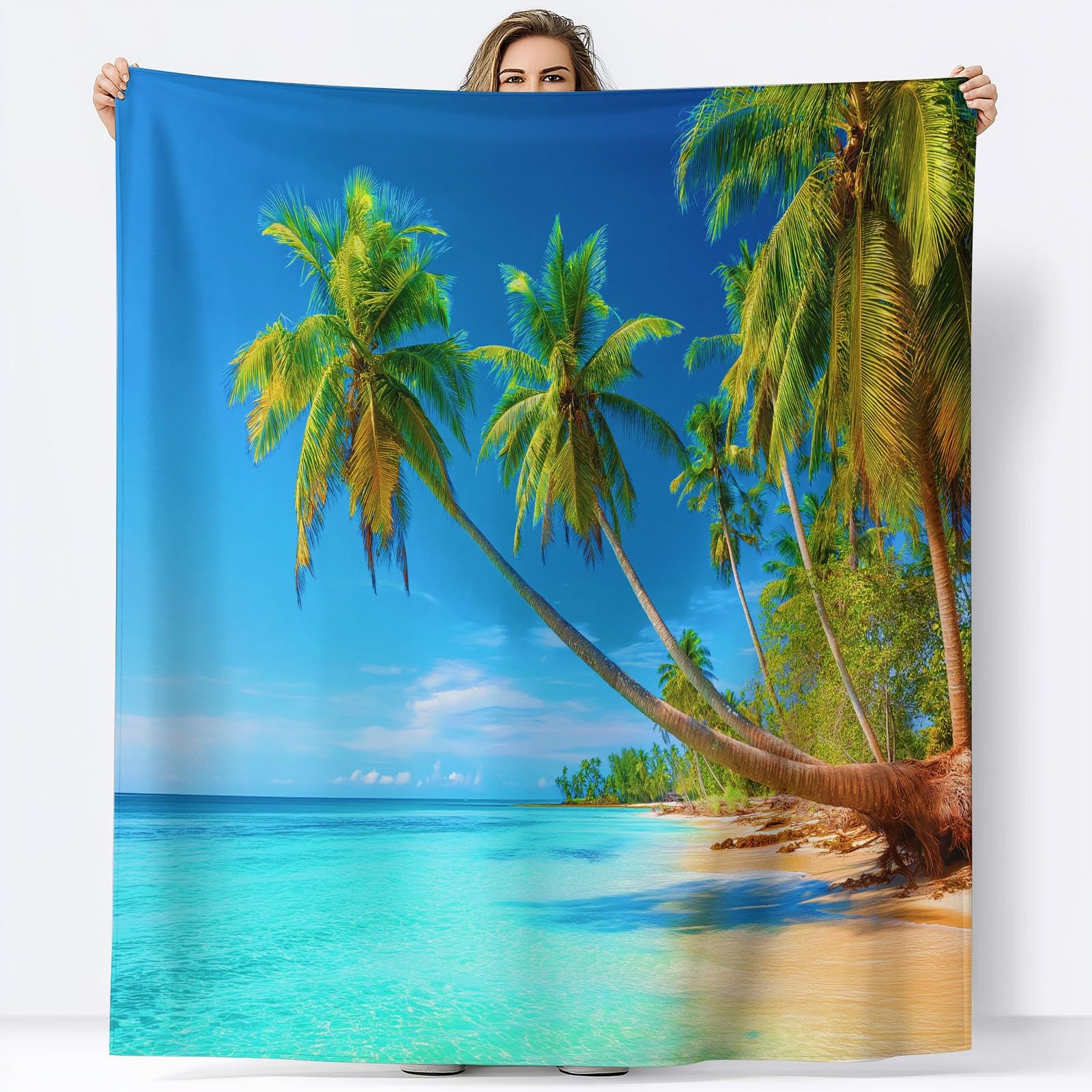 Tropikalna plaża flanelowy koc z palmami polarowymi w kratę, narzuta na sofę, wygodna narzuta na łóżko 2-osobowe w kratę zimowy, 220 x 240 cm błękitny