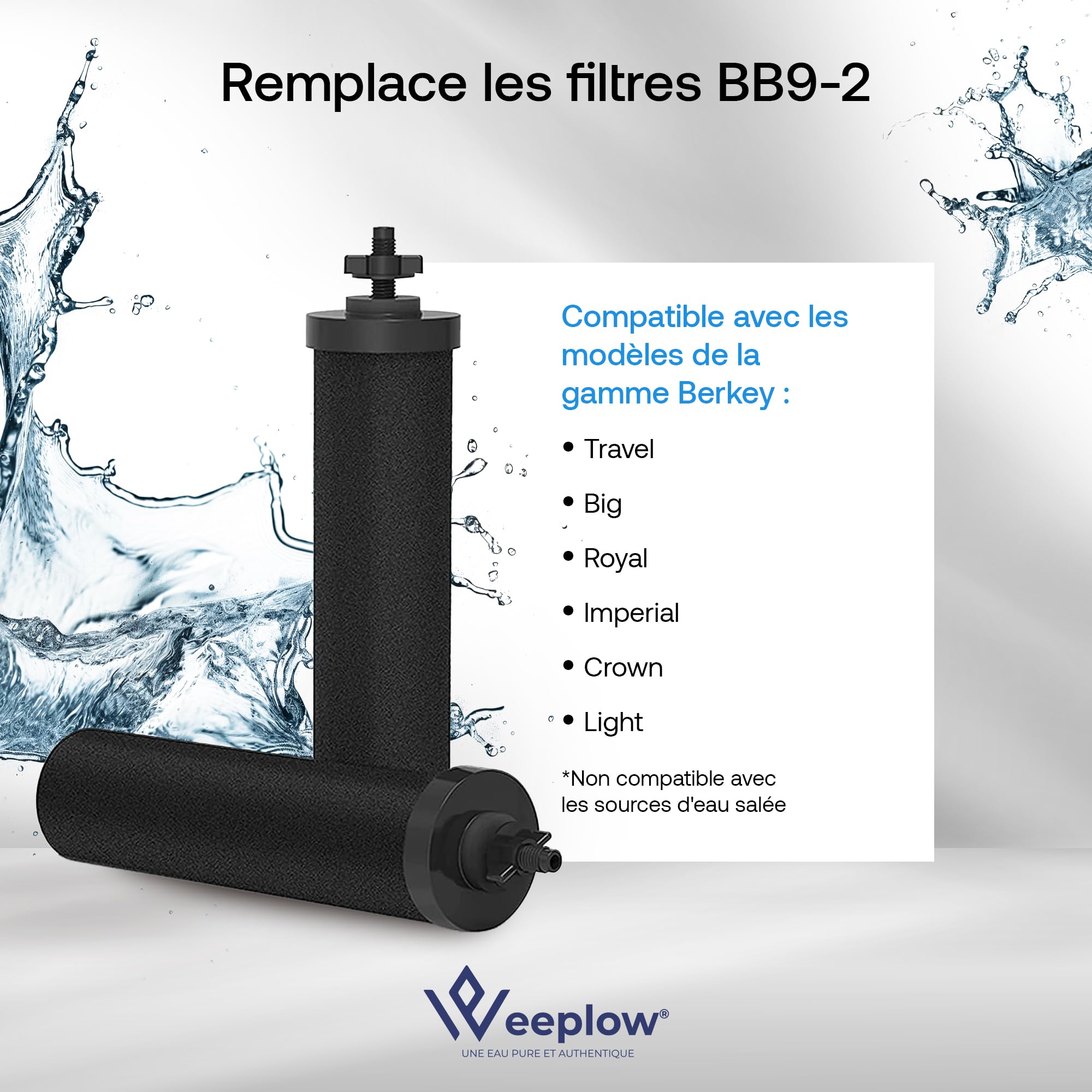 Weeplow O'Pure 2 Lot de 2 Filtres à Eau Gravité Compatible Berkey Doulton | Compatibles Weeplow, Berkey, Berkefeld, Doulton. Réduit les contaminants à hauteur de 99,99%. Lot de 2 filtres.
