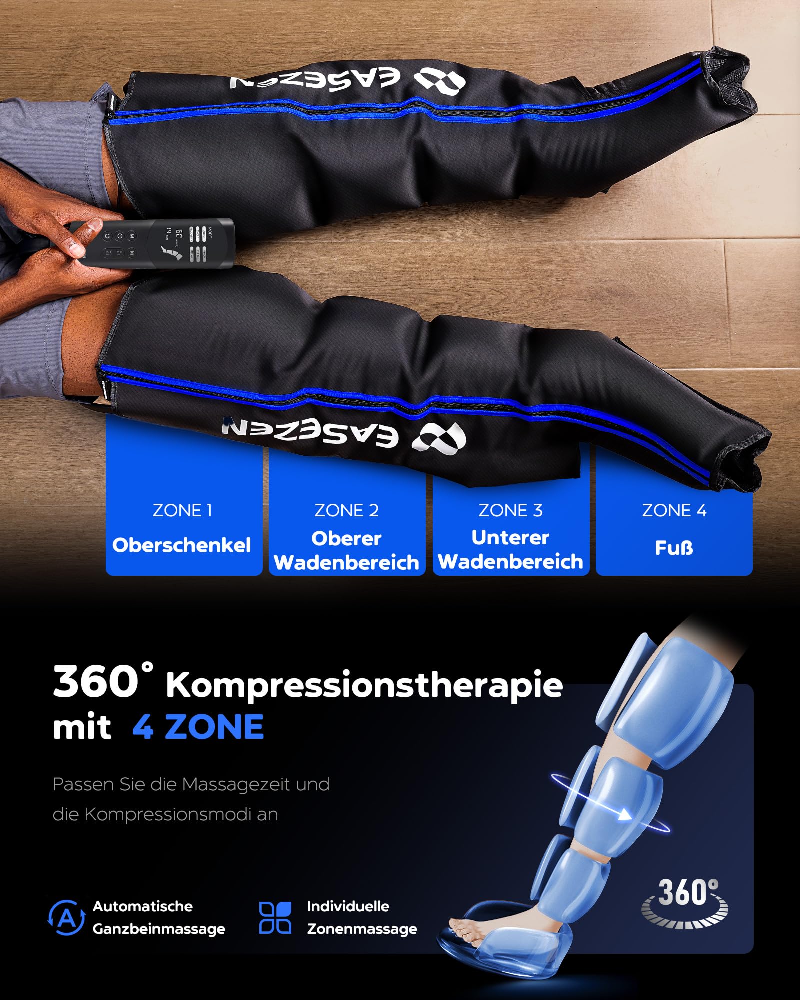Beinmassagegerät zur Förderung der Durchblutung und Schmerzlinderung, Kompressionssystem zur schnellen Erholung von Füßen, Waden und Oberschenkeln, Linderung von Ödemen, Verringerung von Muskelermüdun